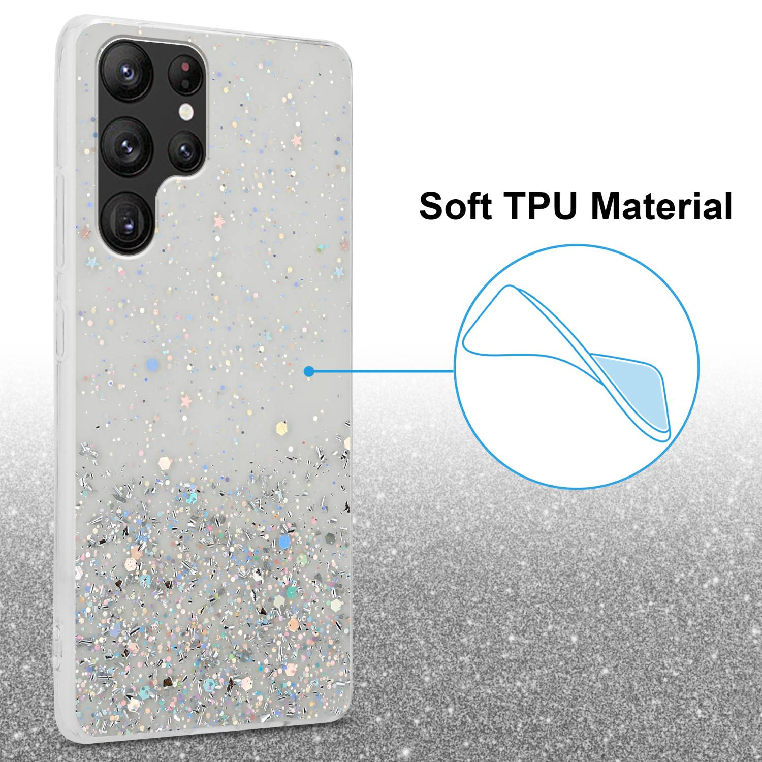Custodia bianca per telefono con glitter e cerchio blu con testo. Materiale TPU morbido.