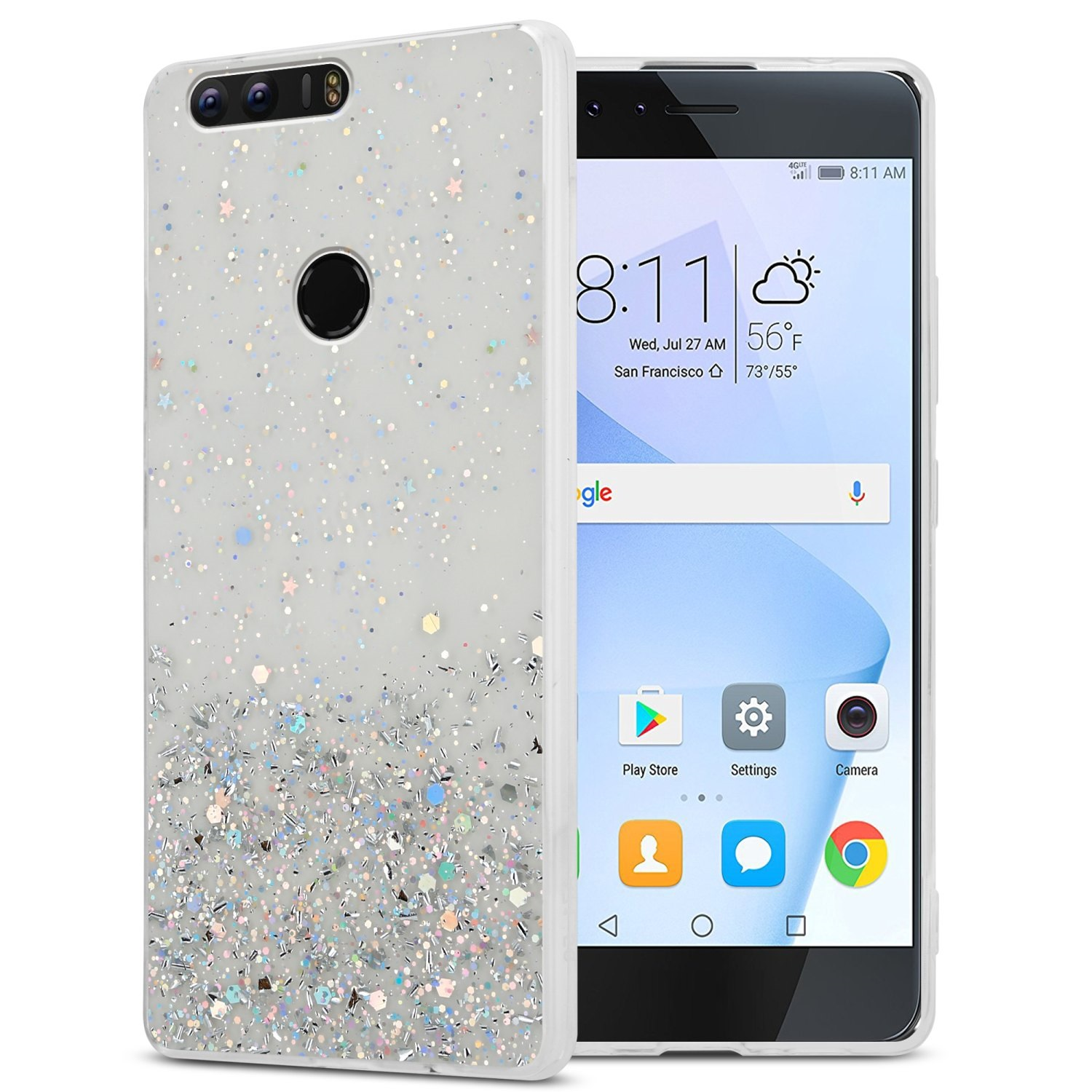 Smartphone in una custodia glitterata accanto alla custodia. Il telefono mostra l'ora e alcune icone delle app.