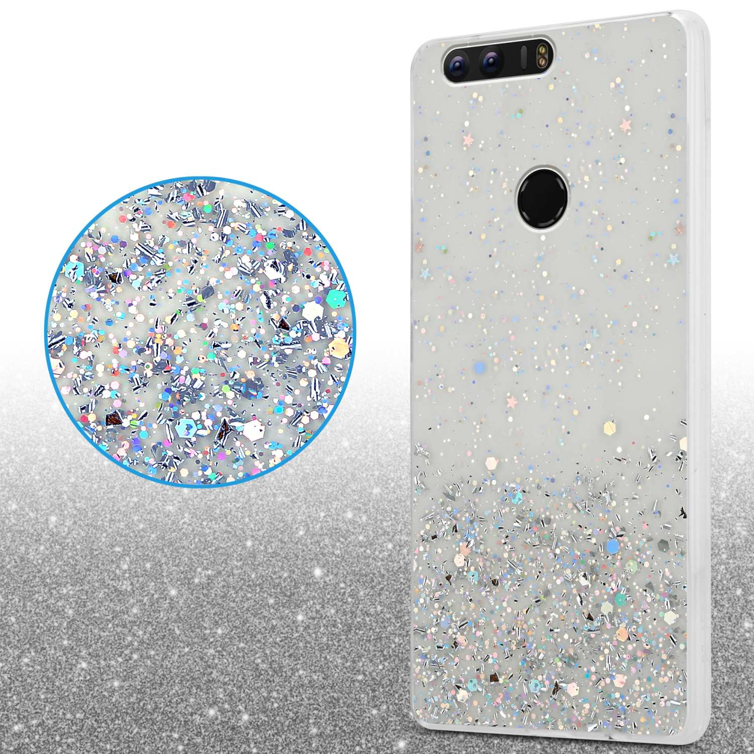 Una custodia per telefono con glitter scintillanti. Primo piano circolare sui glitter. Telefono su superficie glitterata.
