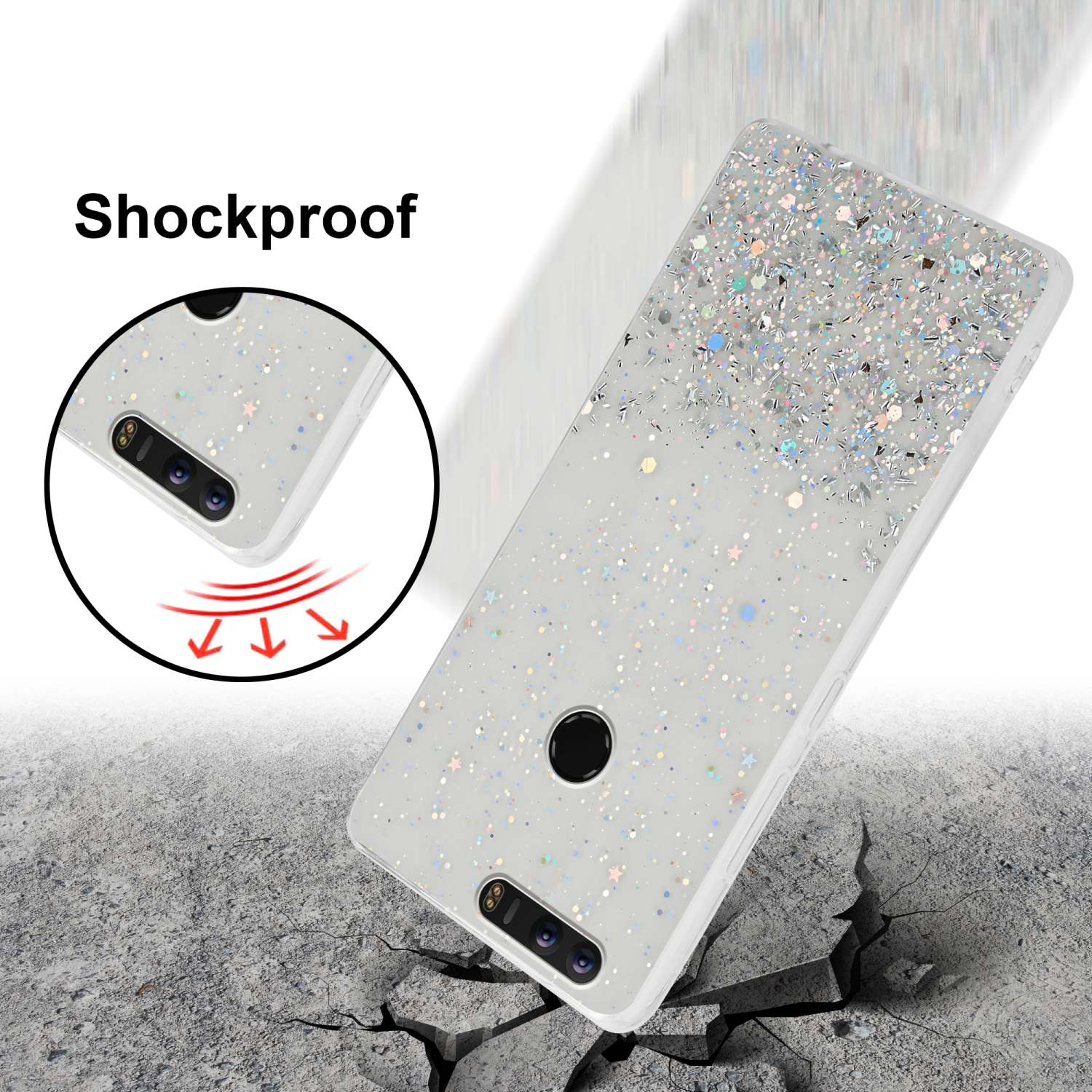 Una custodia per telefono con un design glitterato. Un telefono è all'interno. Il testo dice 'Antiurto'.