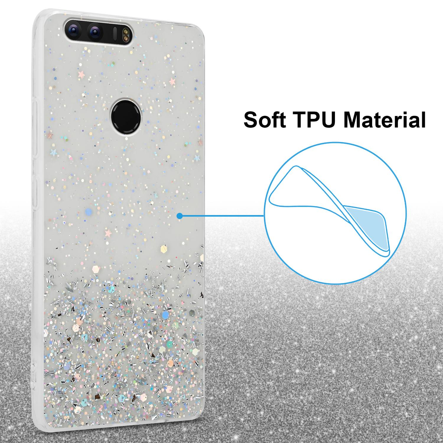 Custodia trasparente per telefono con glitter e stelle. Il testo dice Materiale TPU morbido.