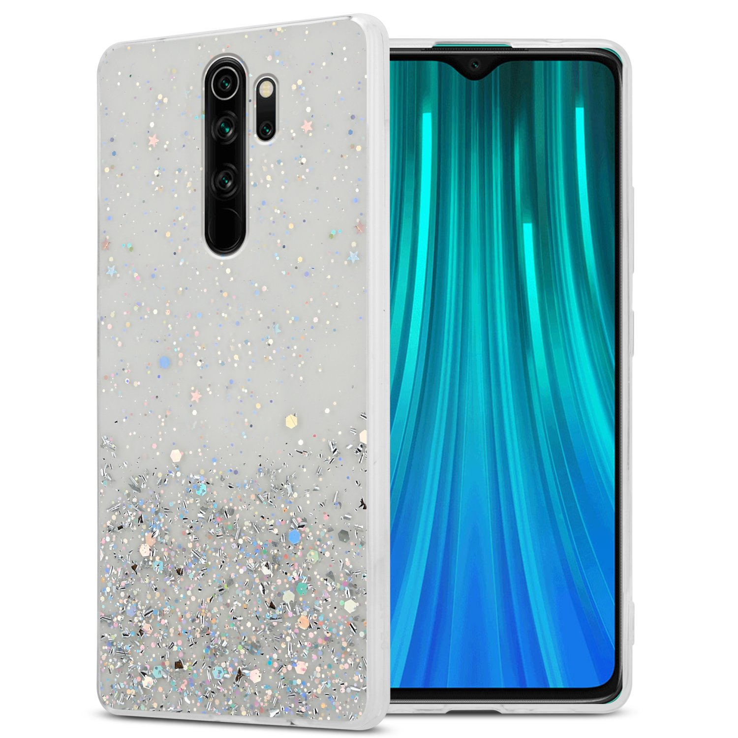 Smartphone in custodia glitterata, con doppia fotocamera. Lo schermo è blu brillante.