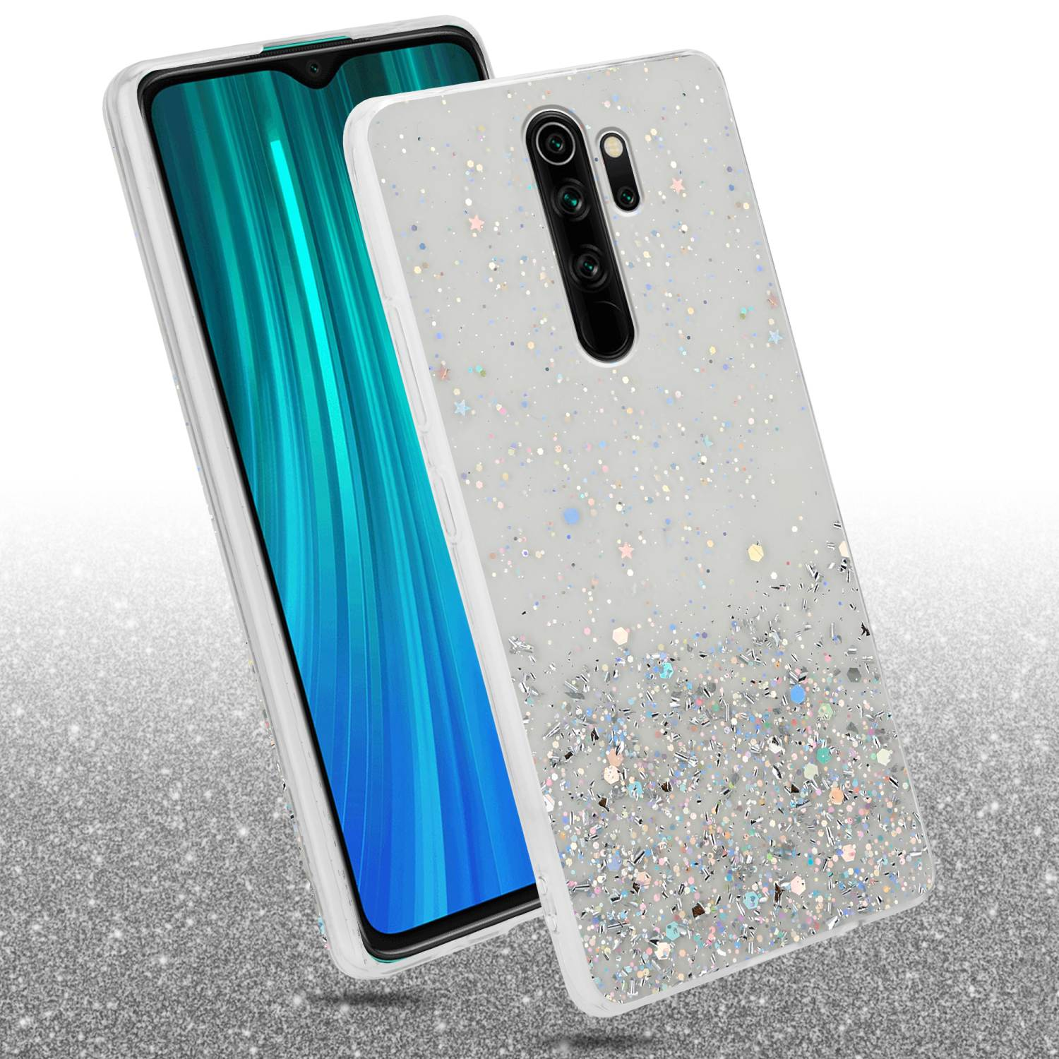Un telefono in una custodia bianca con glitter. La custodia è sopra un altro telefono. Lo sfondo è grigio.