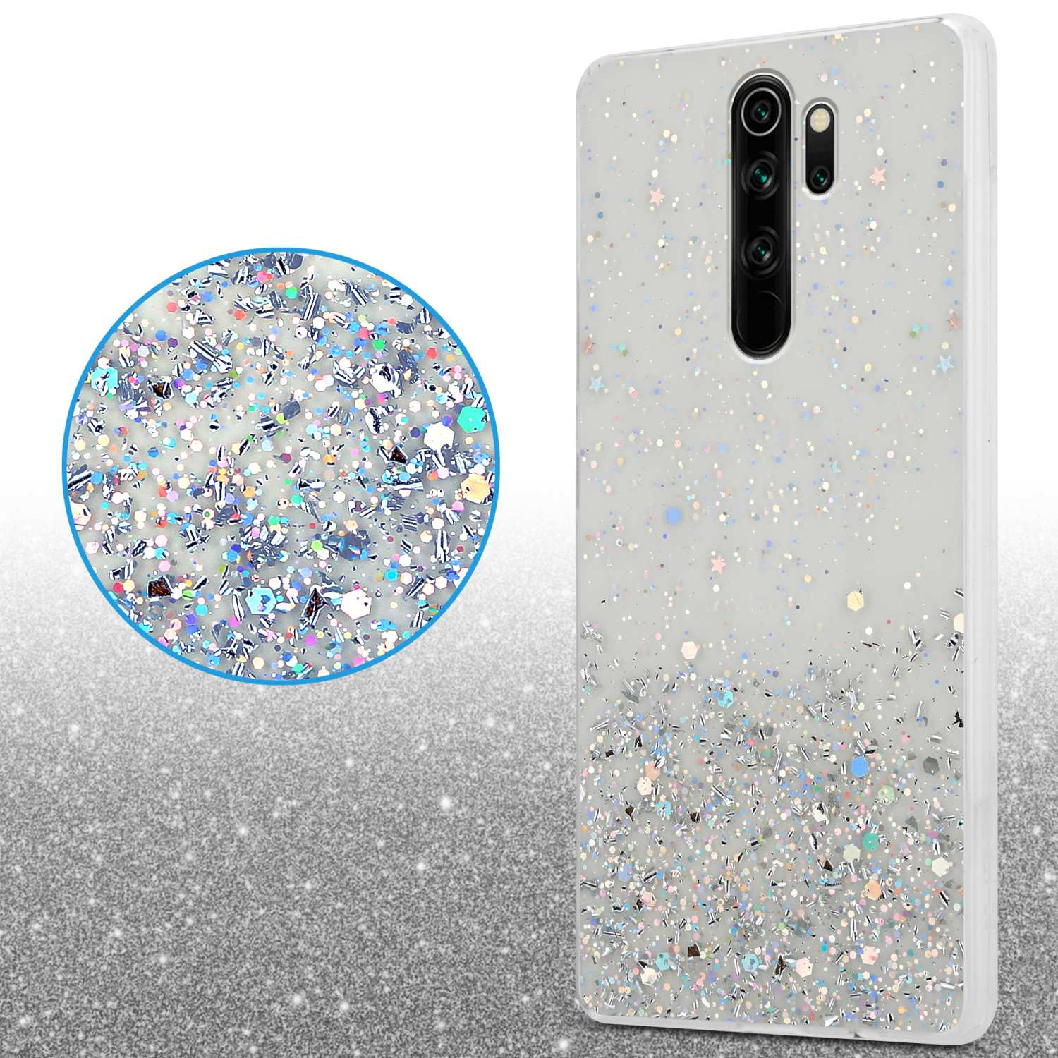 Una custodia per telefono con glitter e un primo piano. Lo sfondo ha lo stesso effetto glitterato.
