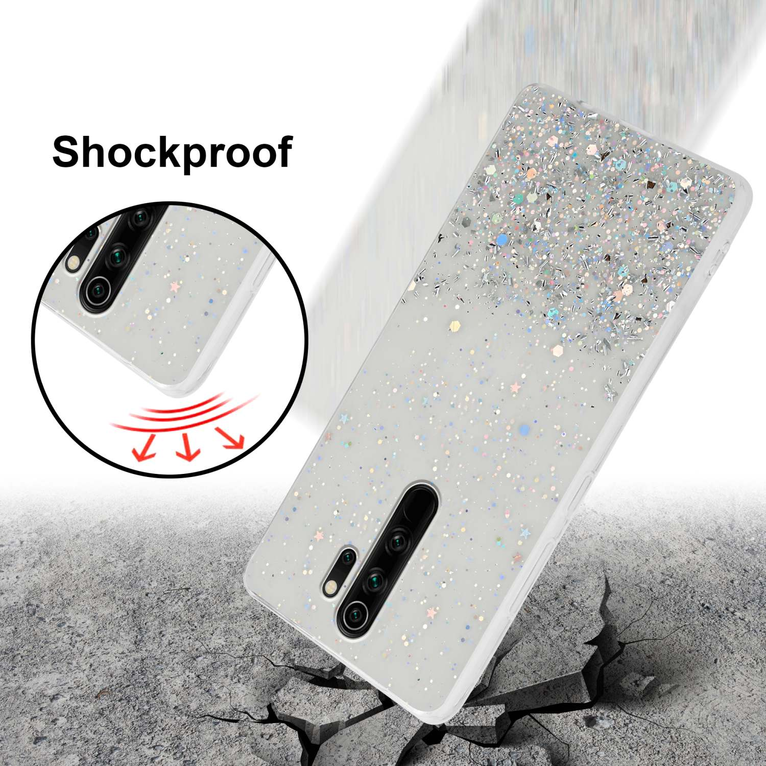 Custodia bianca per telefono con glitter, con etichetta antiurto.