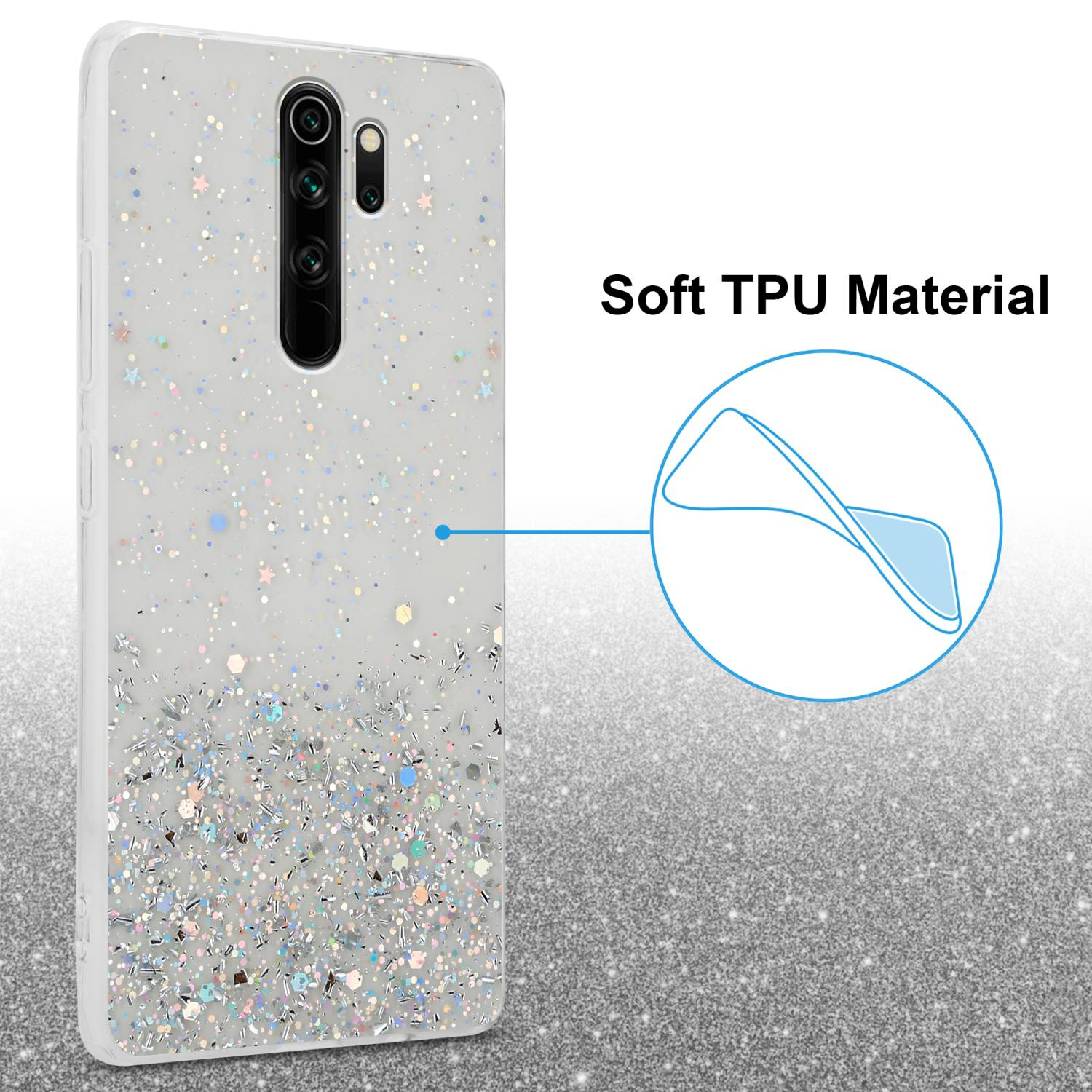 Una custodia per telefono con glitter e stelle. La custodia è su una superficie glitterata e ha un cerchio.