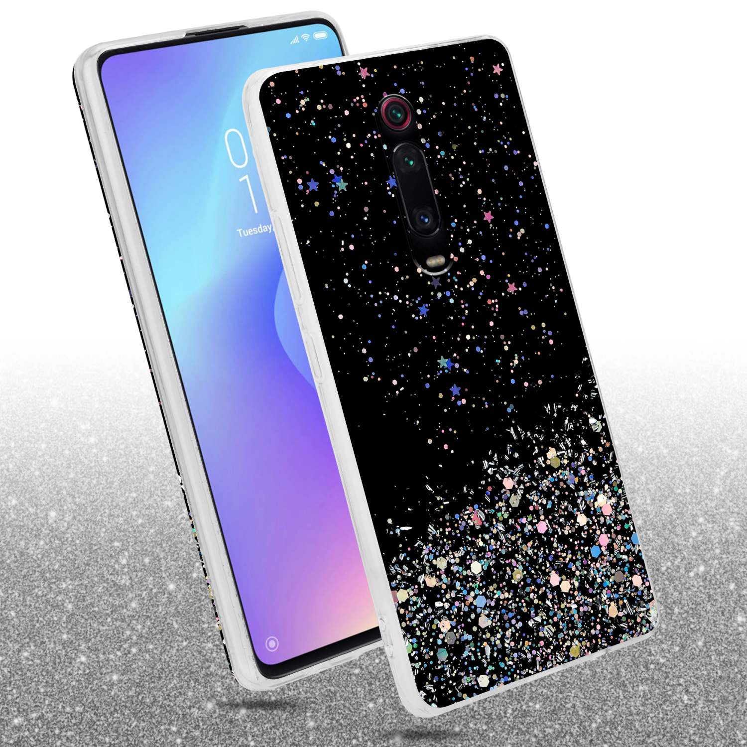 Telefono con custodia glitterata nera. Schermo in mostra. Sfondo glitterato.