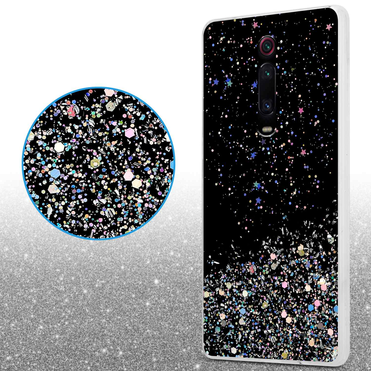 Una custodia per telefono con un design glitter nero e un primo piano circolare. Ha un ritaglio per la fotocamera.
