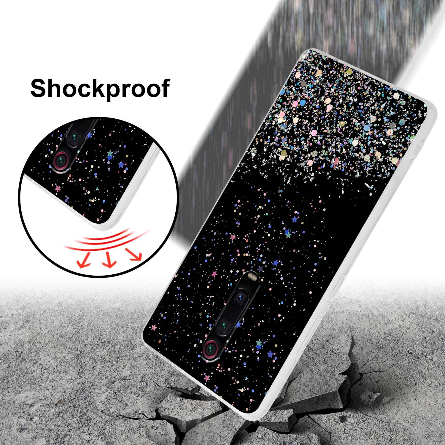Custodia nera con design glitterato, su superficie grigia strutturata. Etichetta antiurto.