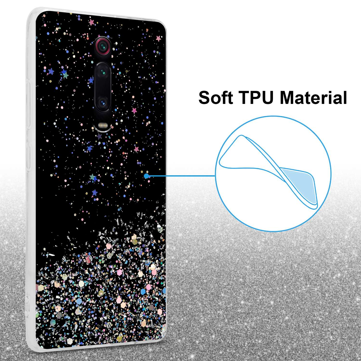 Custodia nera con glitter, materiale TPU morbido e testo.
