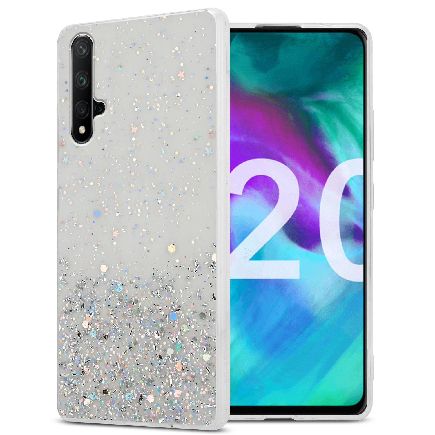 Uno smartphone con una custodia trasparente piena di glitter. Ha una fotocamera e uno schermo.