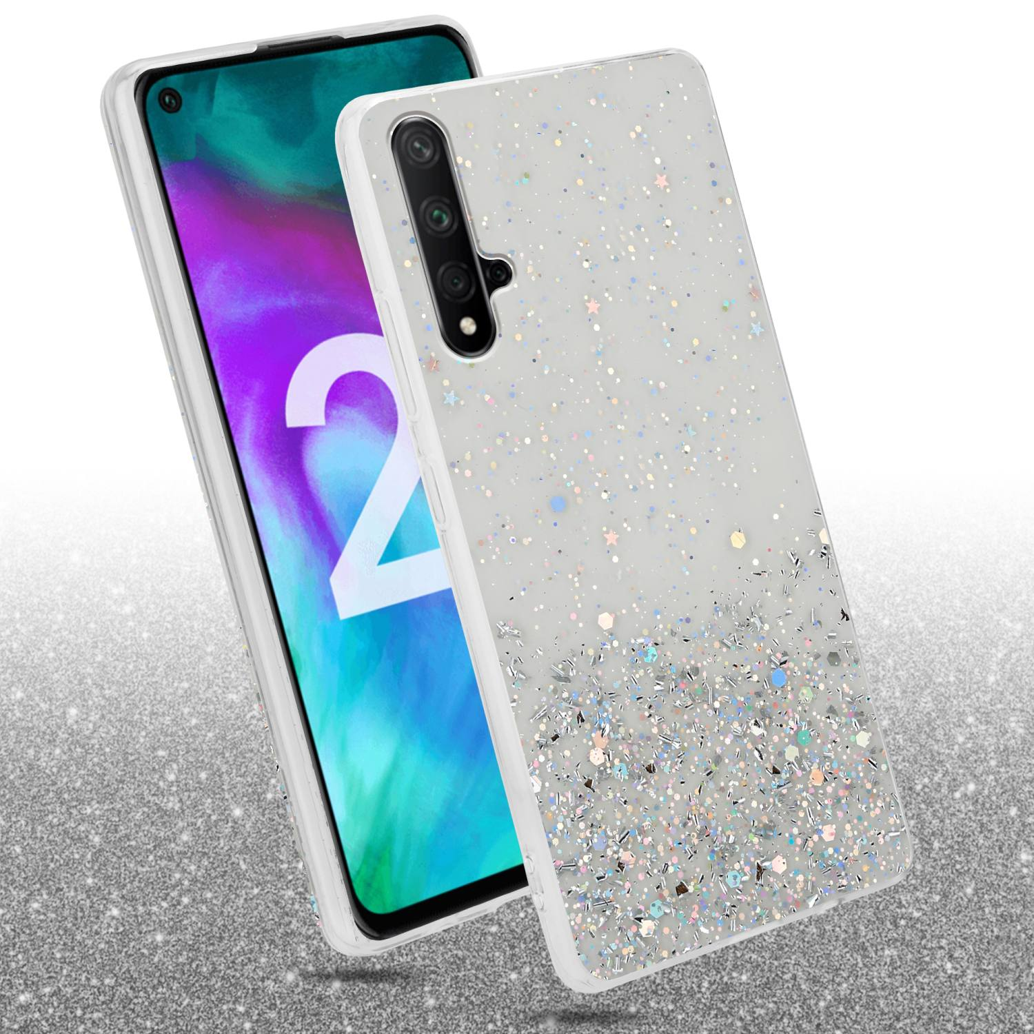 Custodia per telefono con design glitterato e un telefono.