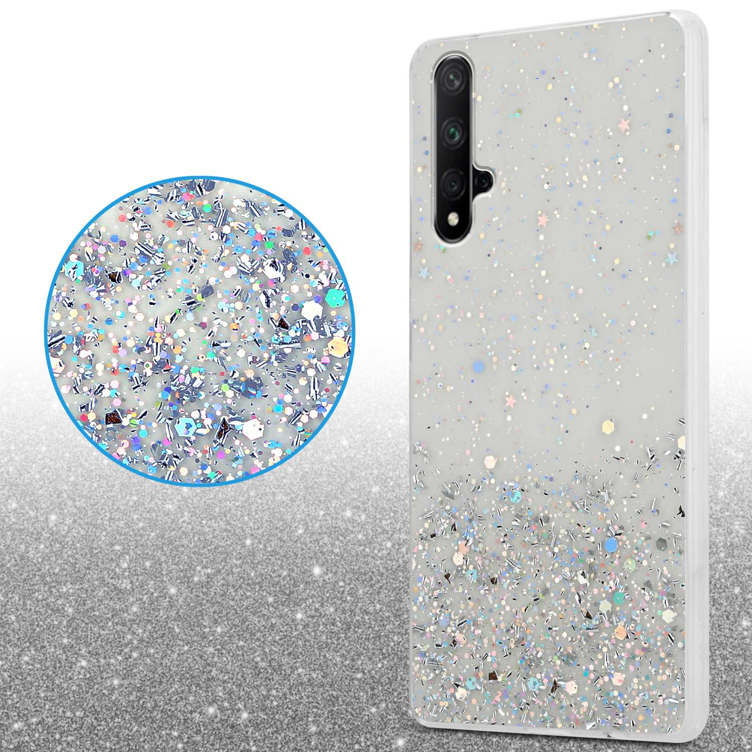 Custodia per telefono con glitter. Inserto circolare mostra glitter in primo piano. Sfondo bianco.