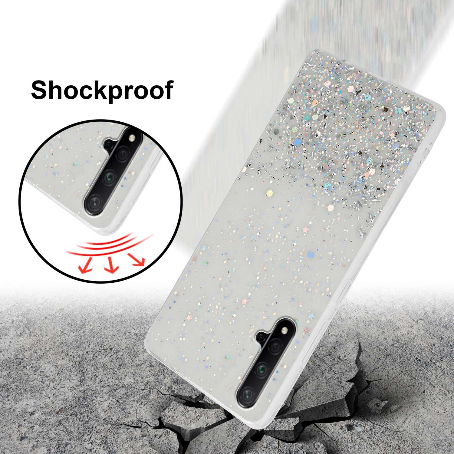 Custodia per telefono con glitter, superficie screpolata e testo: Antiurto.