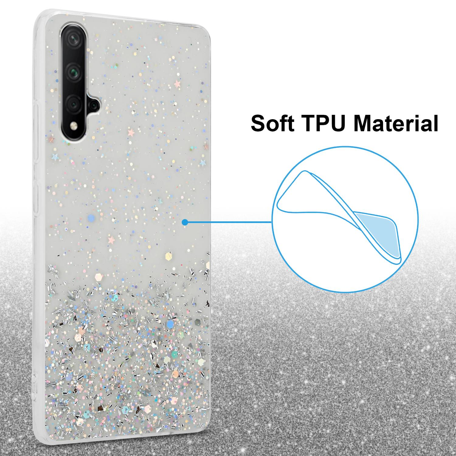 Custodia per telefono con glitter, che mostra un telefono e il testo 'Soft TPU Material'.