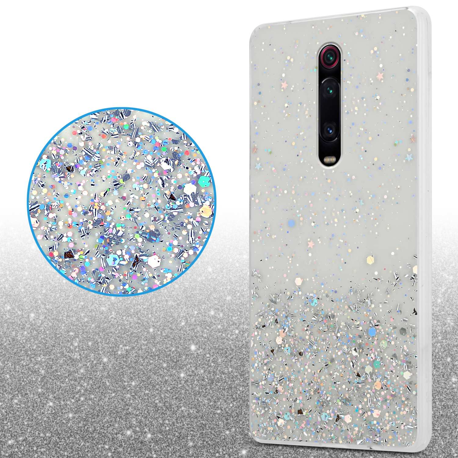 Custodia bianca per telefono con effetto glitter e inserto circolare con glitter.