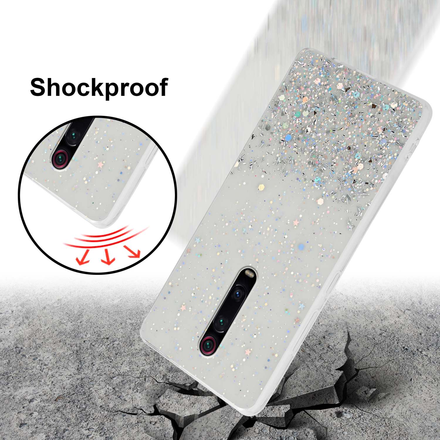 Custodia per telefono con glitter, antiurto, su terreno crepato.