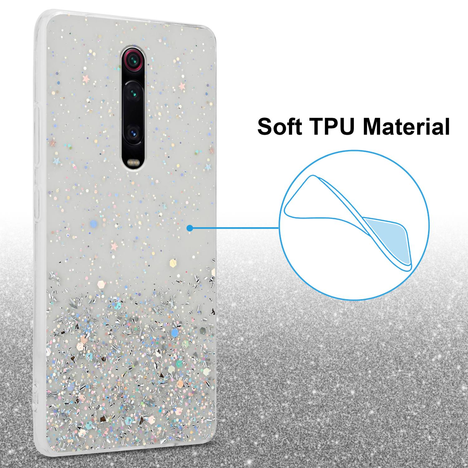 Una custodia per telefono con un design glitterato, con un telefono con doppia fotocamera.