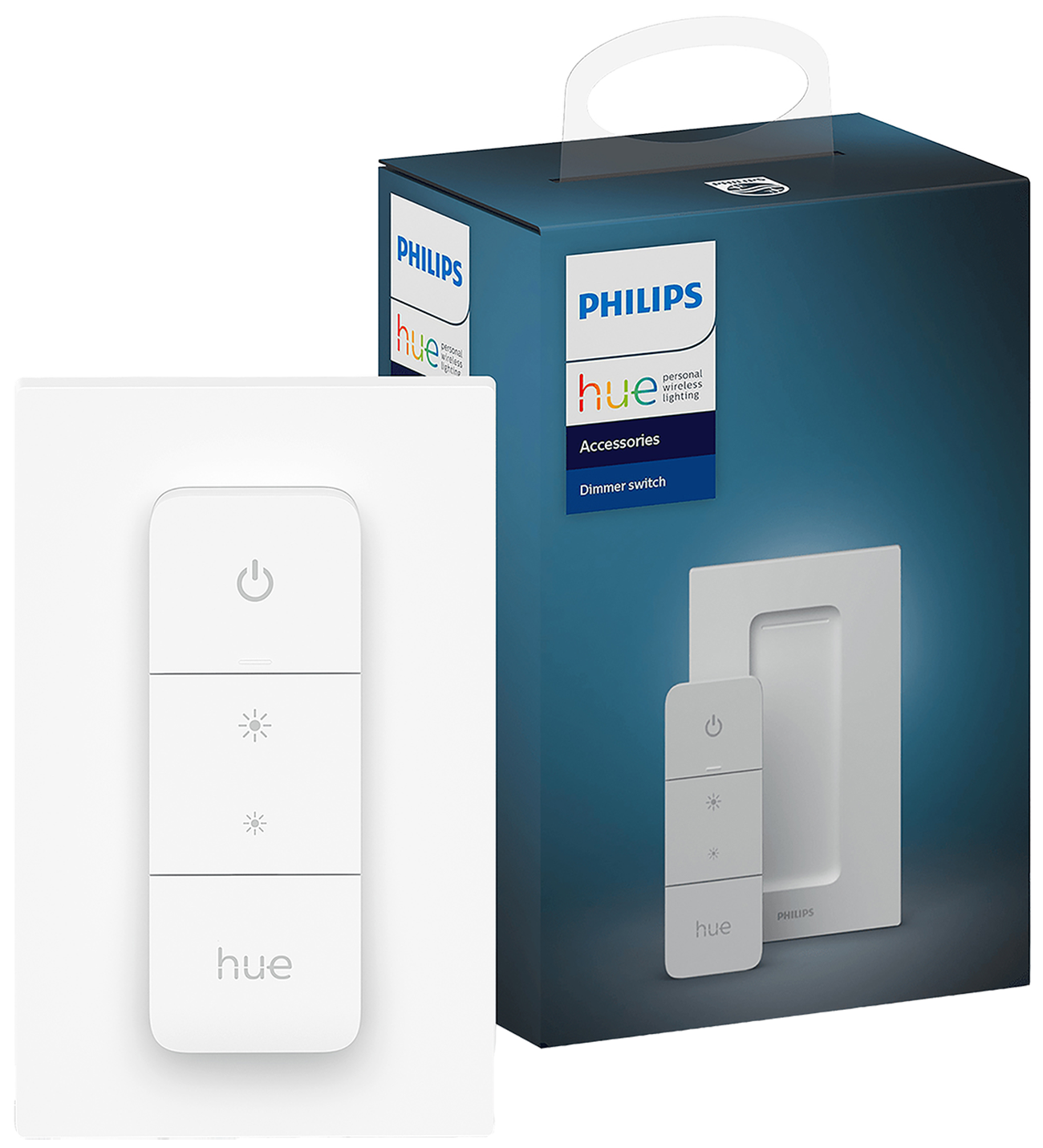 Un interruttore dimmer Philips Hue e la sua scatola. L'interruttore è bianco con tre pulsanti.
