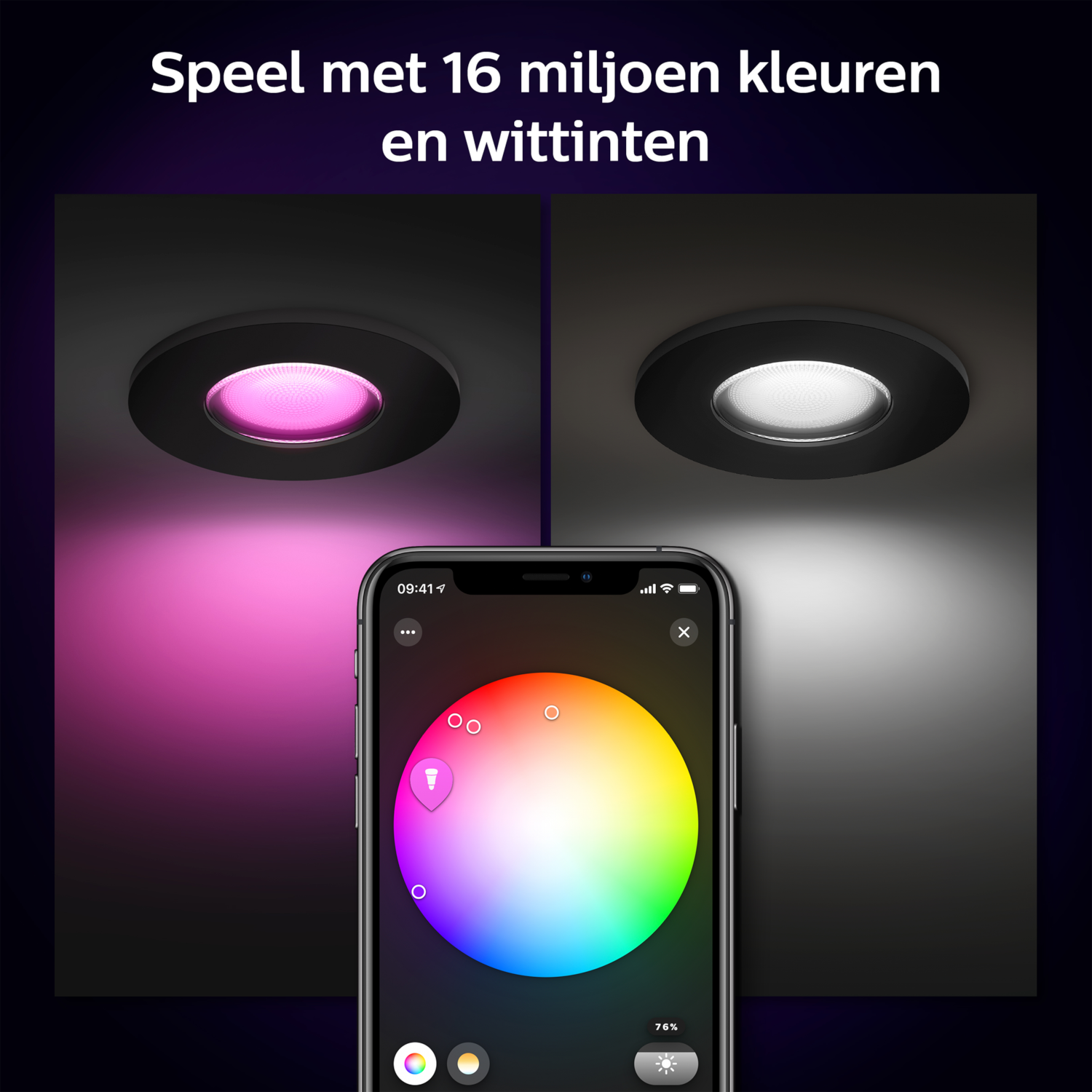 Due faretti ad incasso con colori diversi, controllati da un telefono con ruota dei colori.