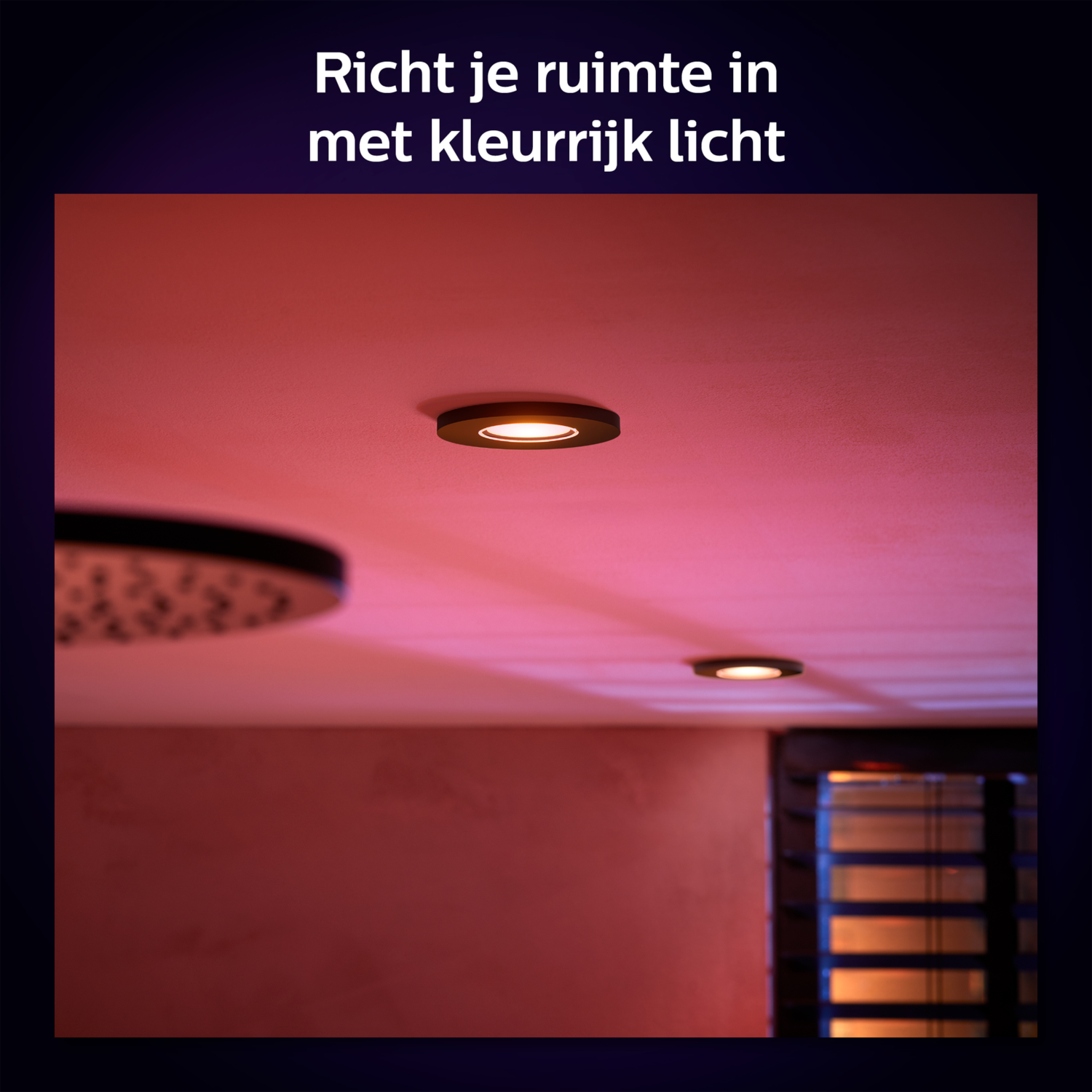 Due faretti a soffitto che illuminano una stanza con illuminazione rosa, con testo in olandese.