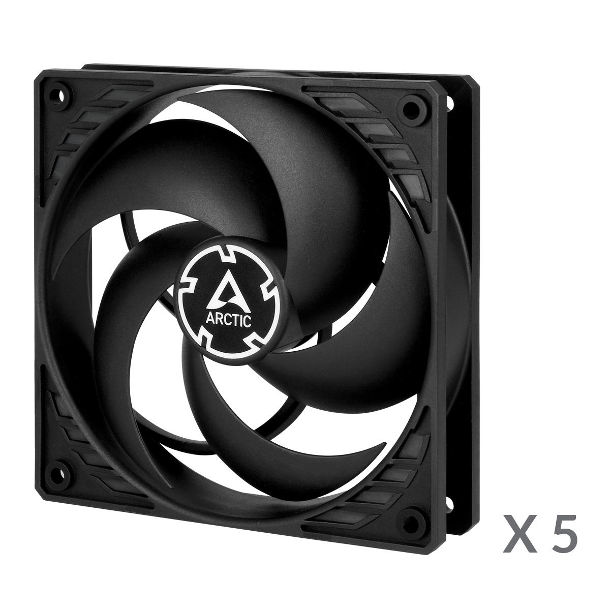 Close up of a black computer fan with the ARCTIC logo.