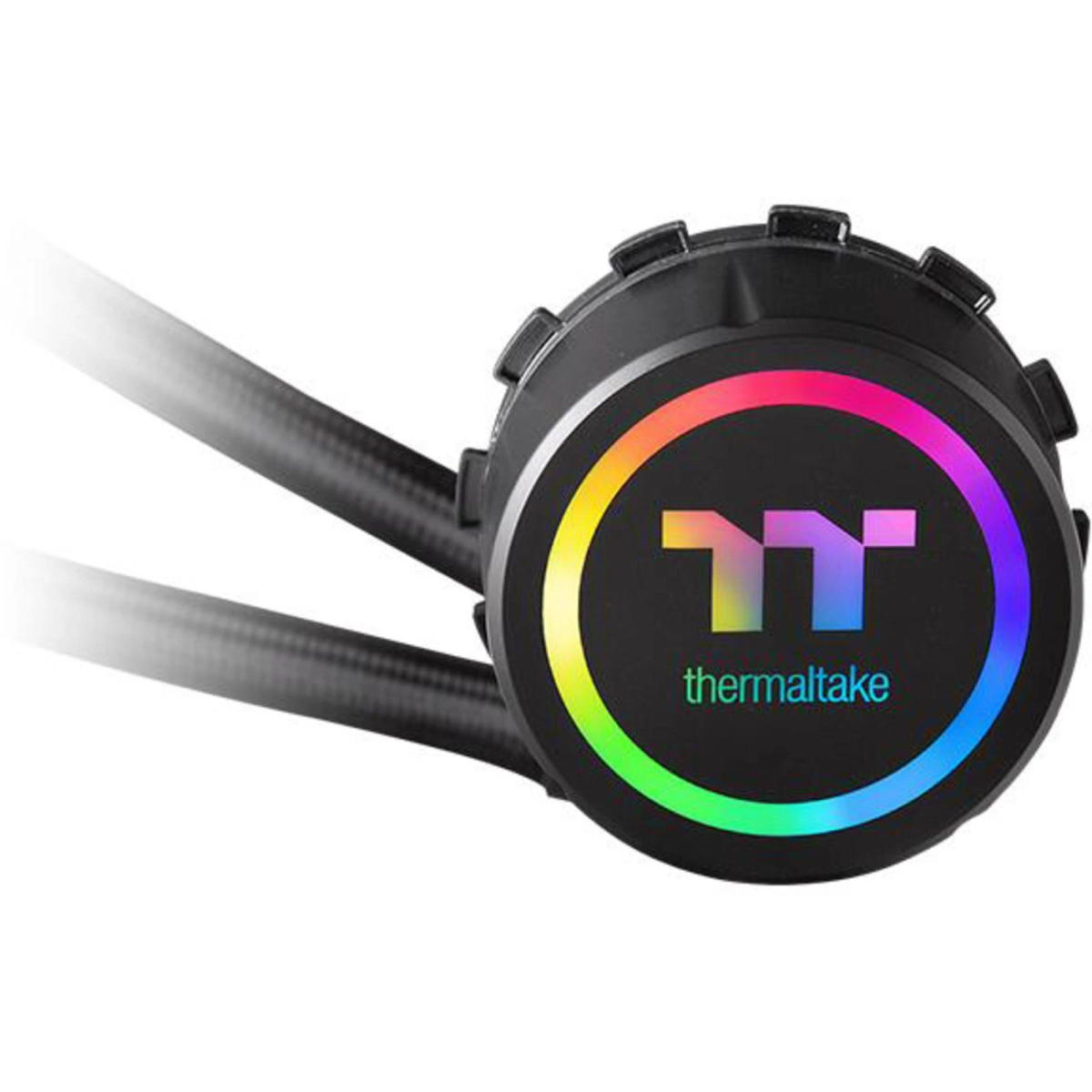 Schwarzer CPU-Kühler mit Regenbogenlichtring um das Logo. Thermaltake steht drauf.