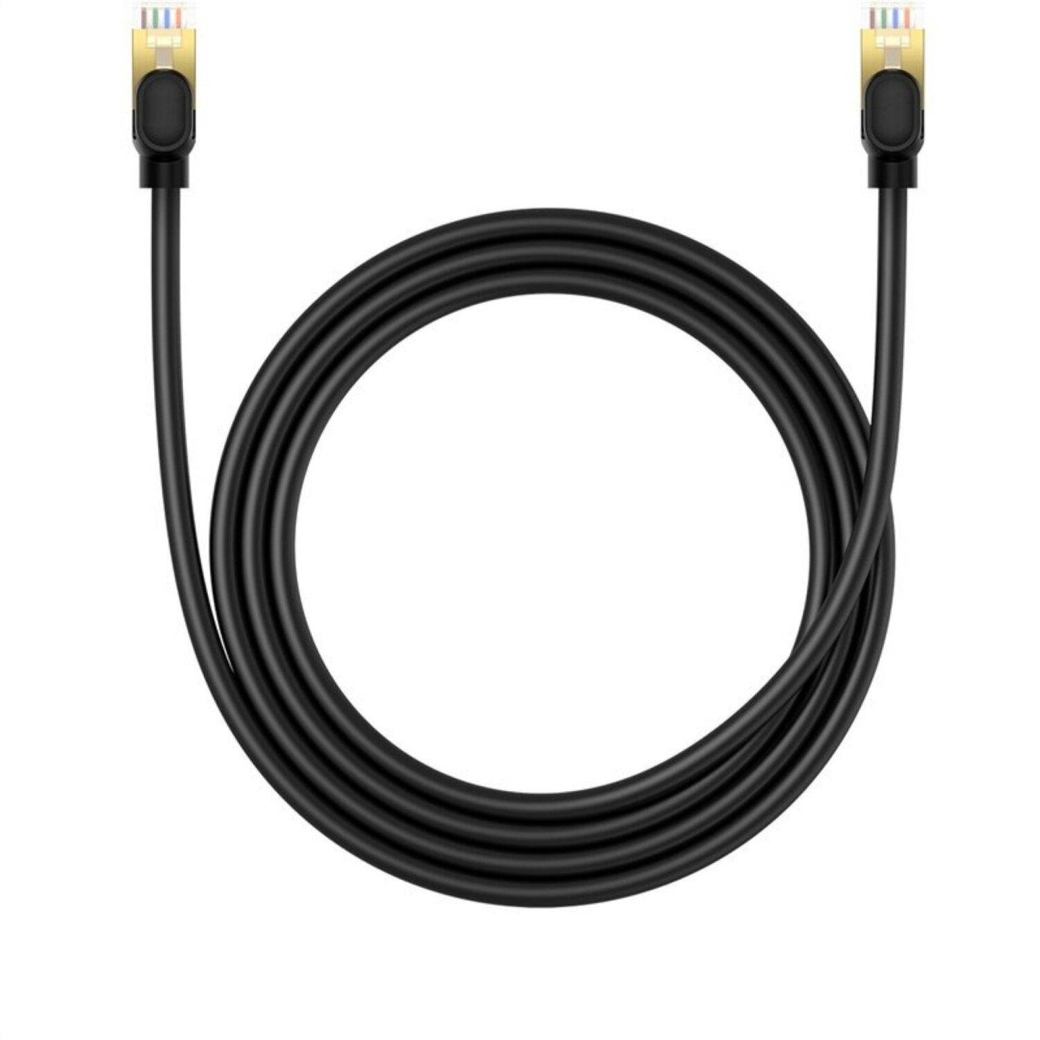 Ein schwarzes Ethernet-Kabel, aufgerollt, mit Steckern an jedem Ende.