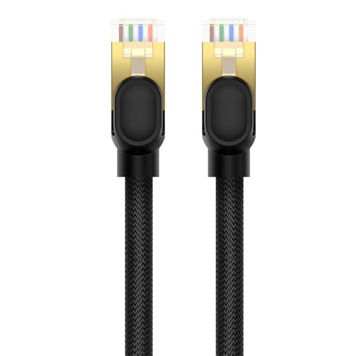 Zwei schwarze und goldene Ethernet-Kabelstecker, verbunden durch ein schwarzes Kabel.