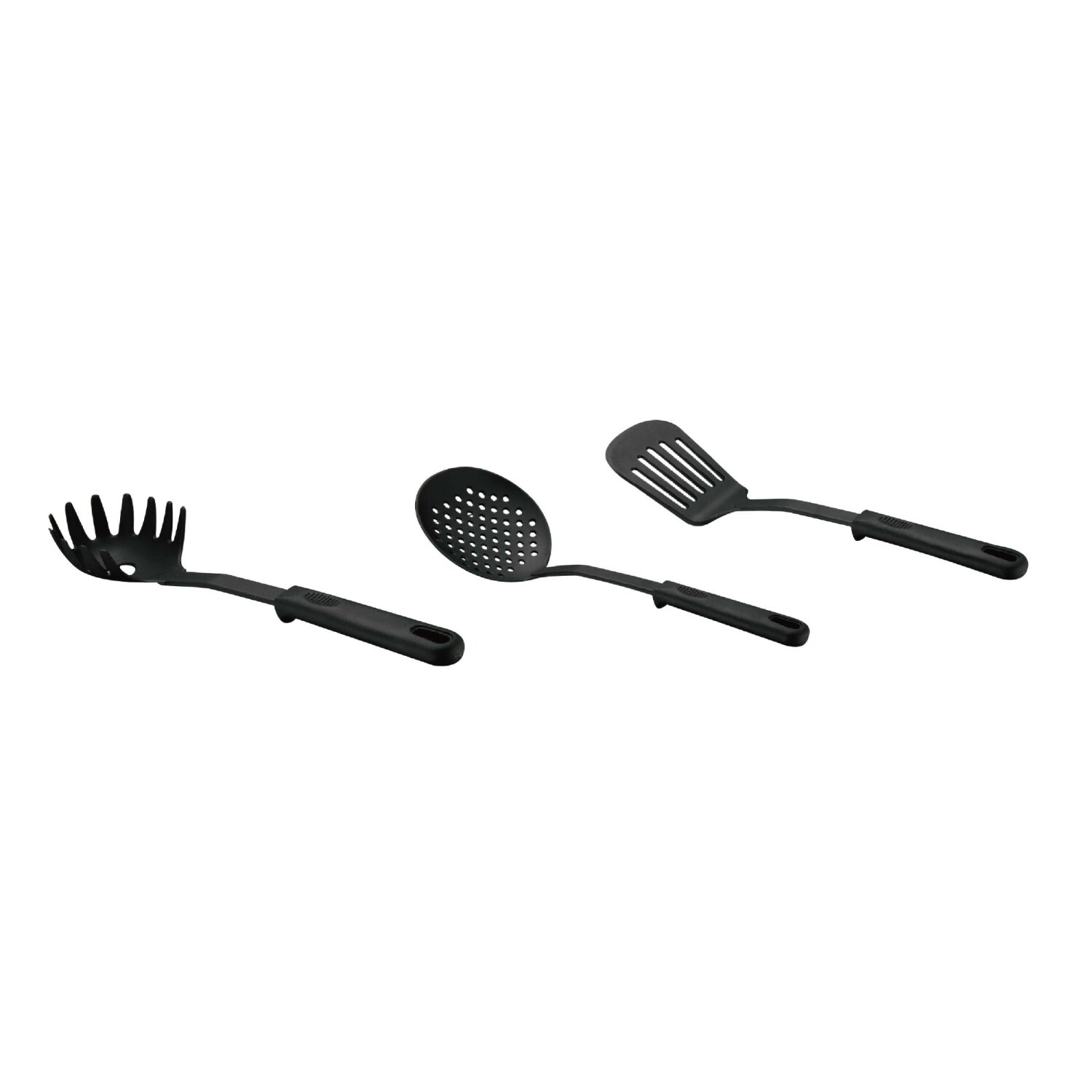 Drei schwarze Küchenutensilien: eine Pastagabel, ein Schöpflöffel und ein Pfannenwender.