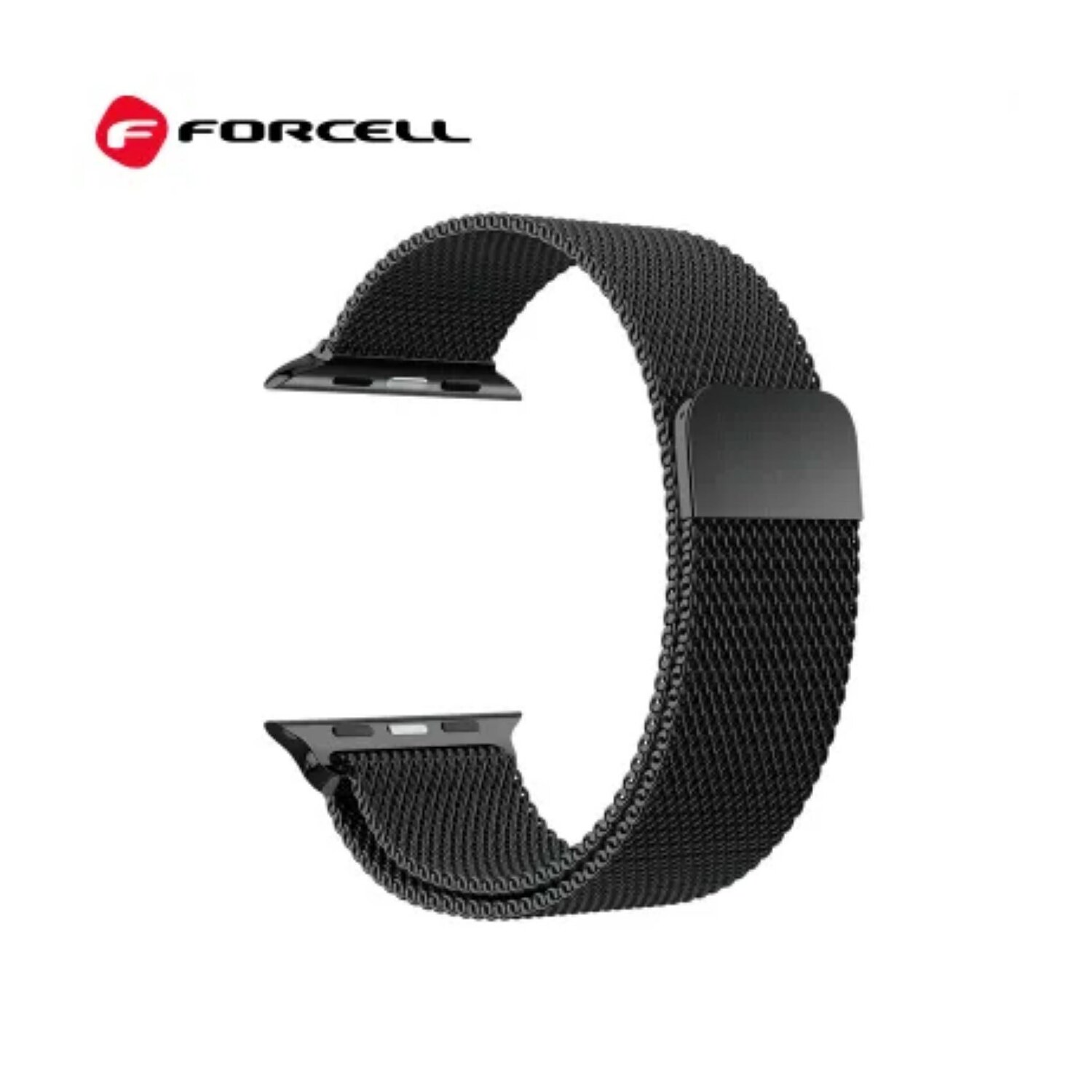 Schwarzes Uhrenarmband mit Magnetverschluss, vor weißem Hintergrund, mit Logo.