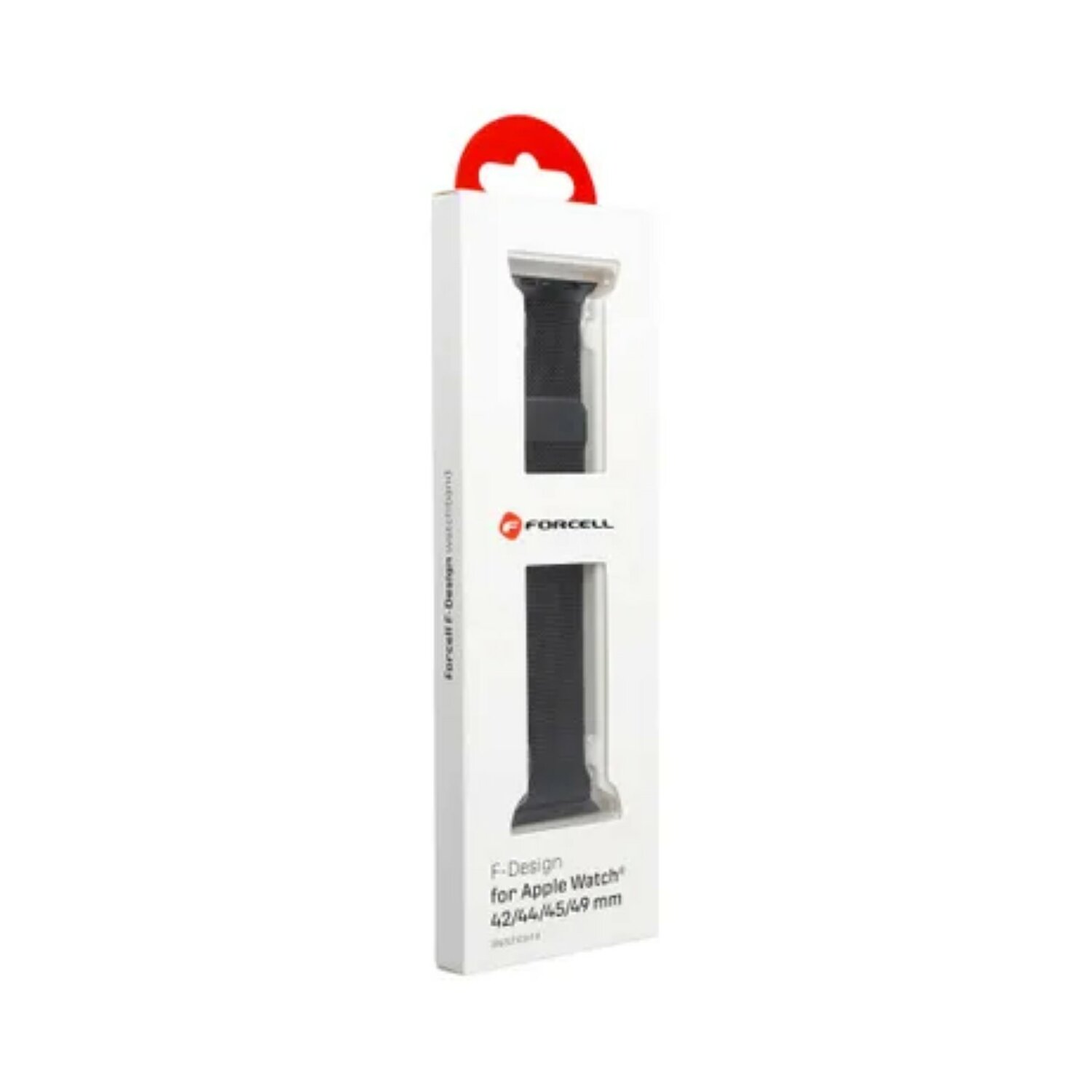 Weiße Box für Apple Watch-Armband mit sichtbarem schwarzem Armband, Forcell-Logo und Text.