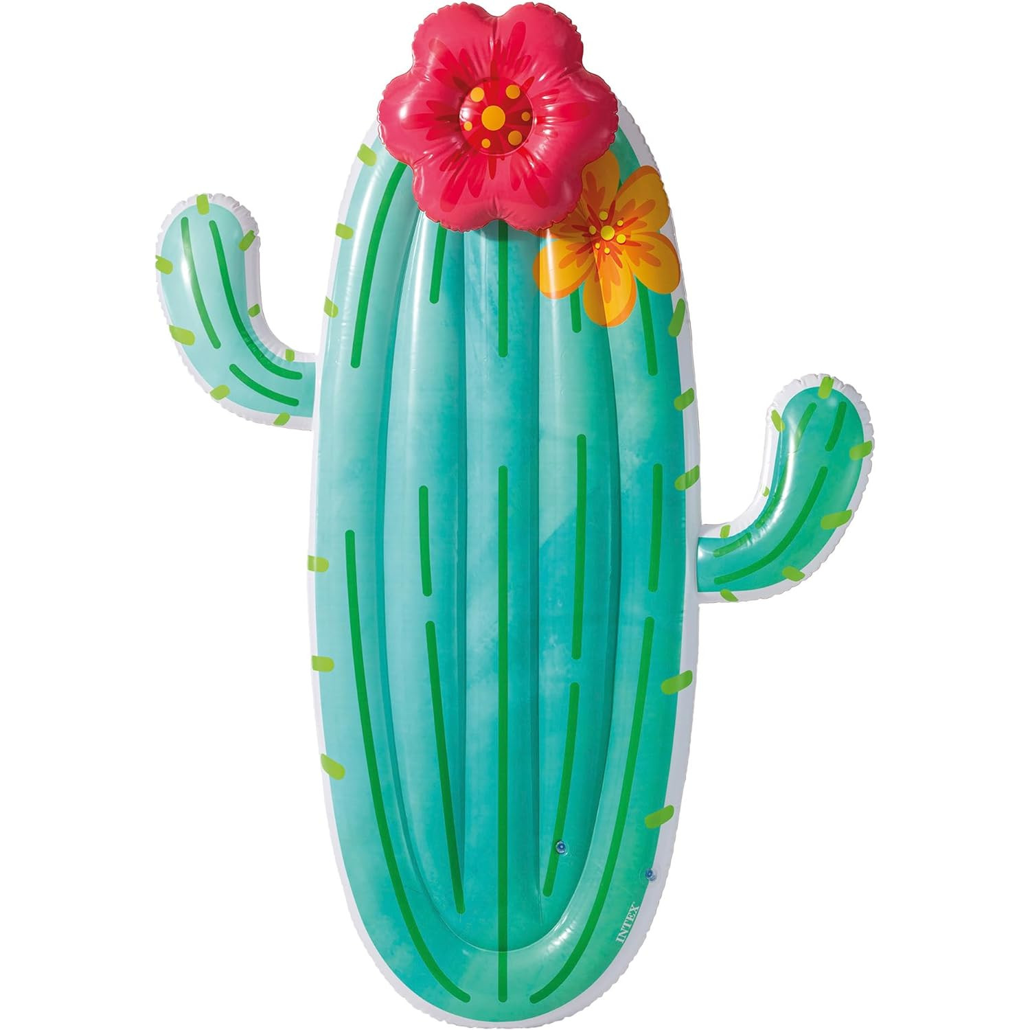 Galleggiante gonfiabile a forma di cactus con dettagli di fiori rossi e gialli su sfondo bianco.