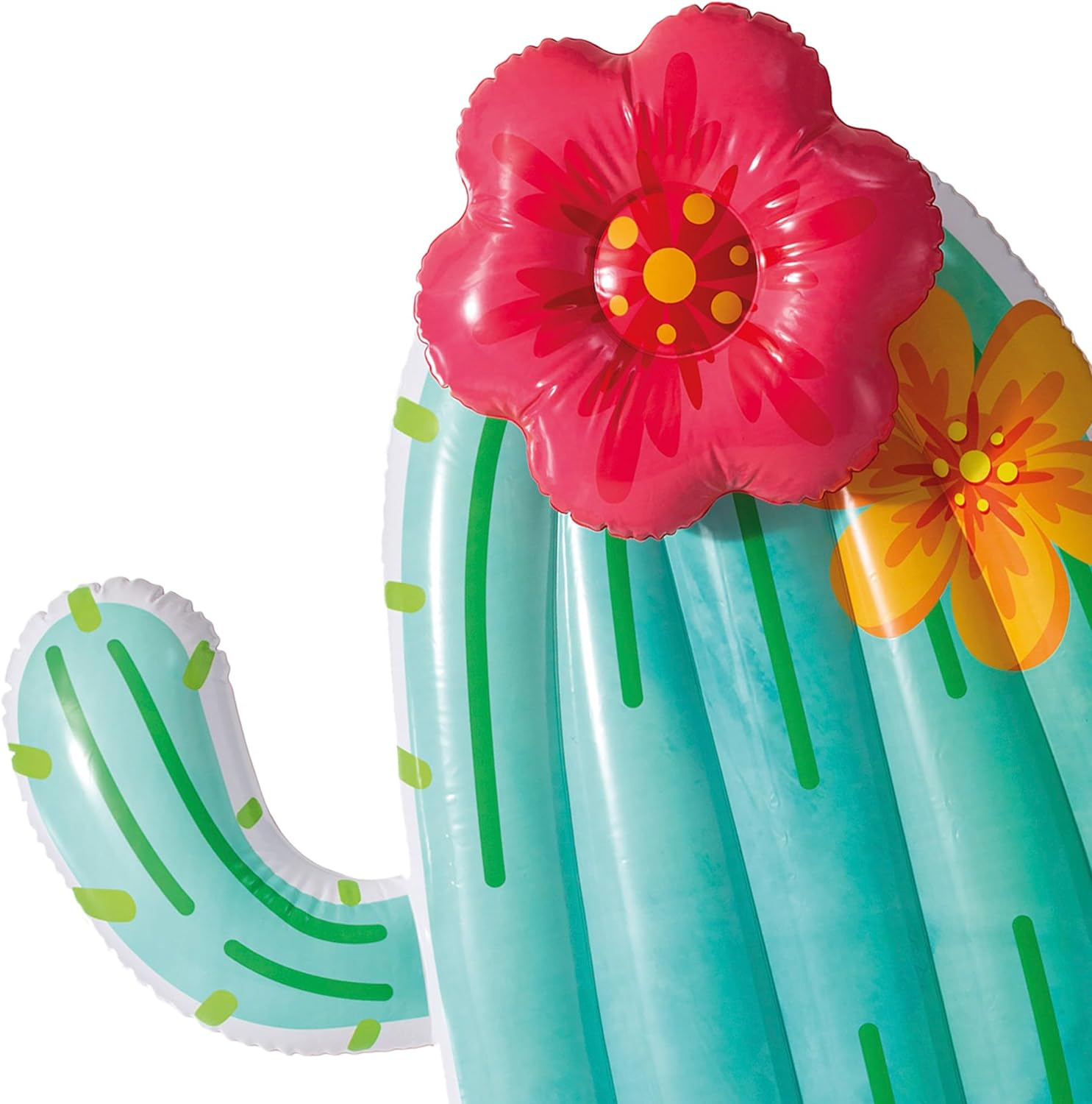 Galleggiante gonfiabile a forma di cactus. Corpo turchese con strisce verdi, fiore rosso e giallo.