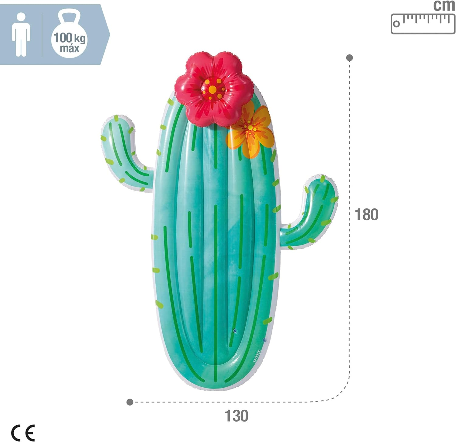 Galleggiante gonfiabile a forma di cactus con fiori rossi e gialli.
