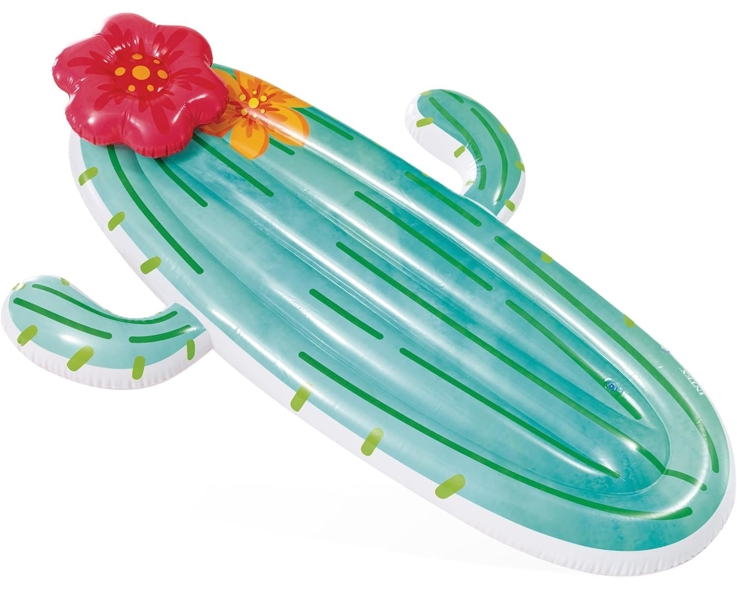Galleggiante gonfiabile a forma di cactus con fiore rosso. Sfondo bianco.