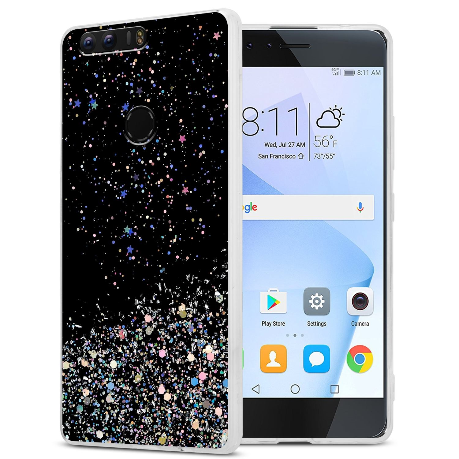 Uno smartphone con una custodia nera glitterata e lo schermo che mostra un'interfaccia app.