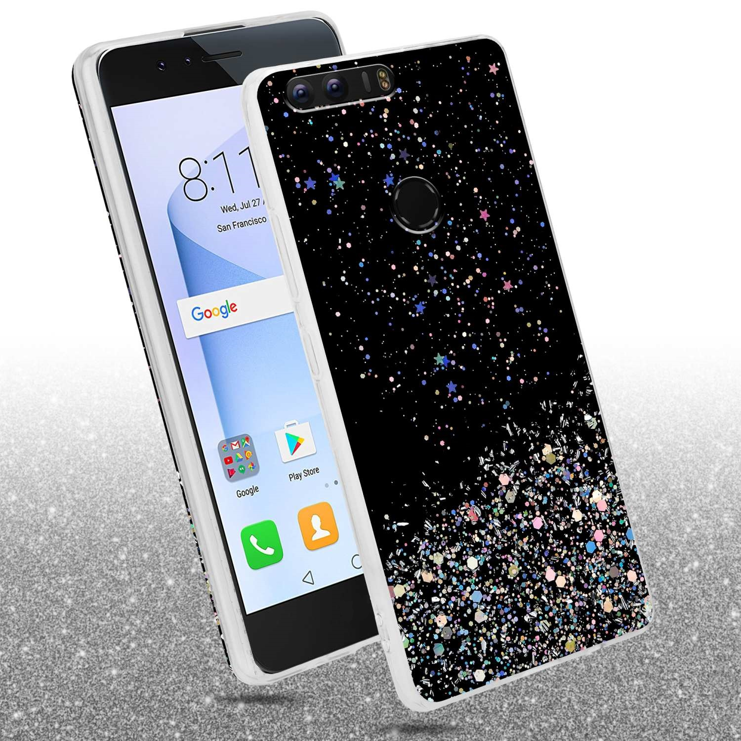 Due telefoni con custodie. Le custodie sono nere con glitter sul retro. Gli schermi dei telefoni sono accesi.