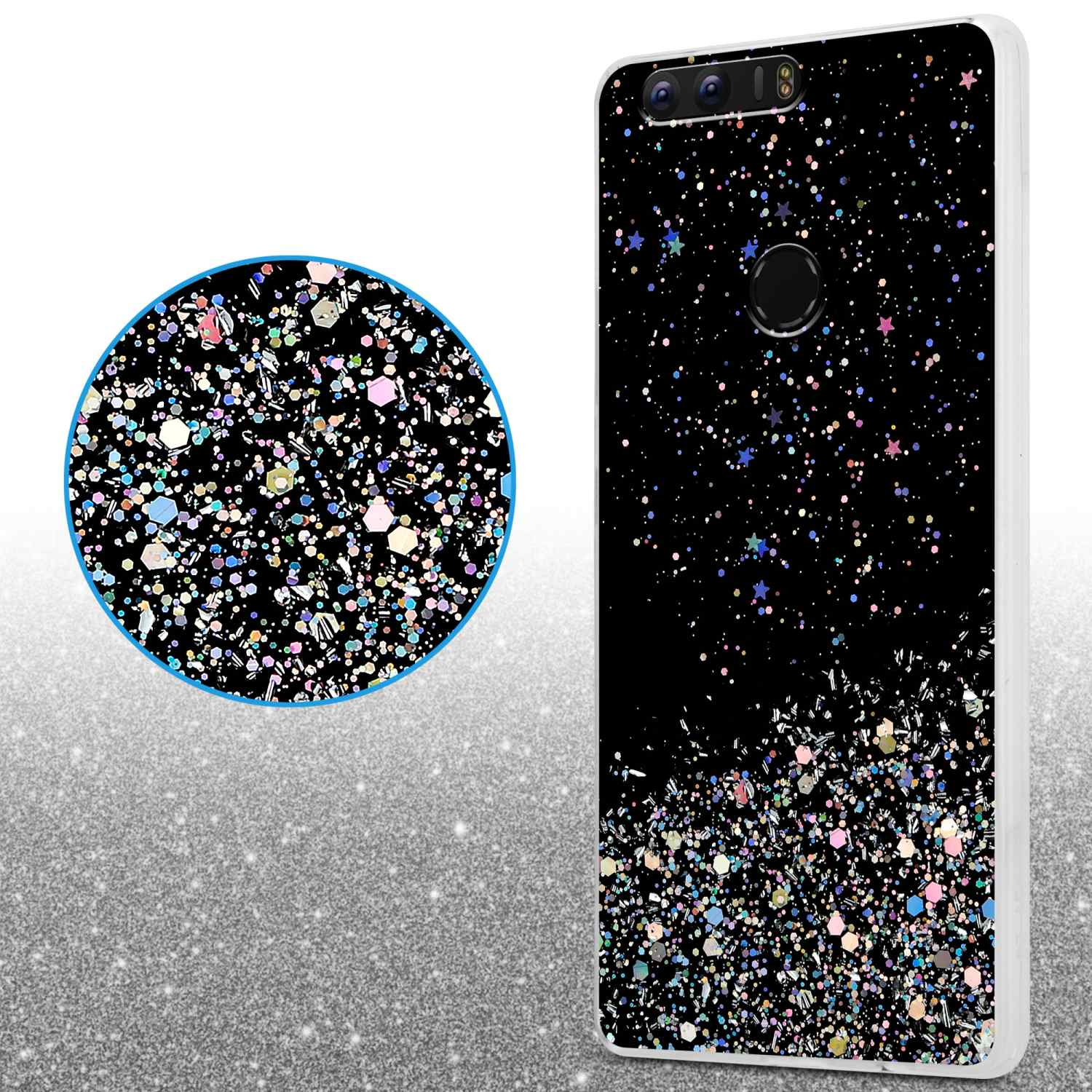 Custodia per telefono con design glitterato nero. Mostra un primo piano del design glitterato e un telefono.