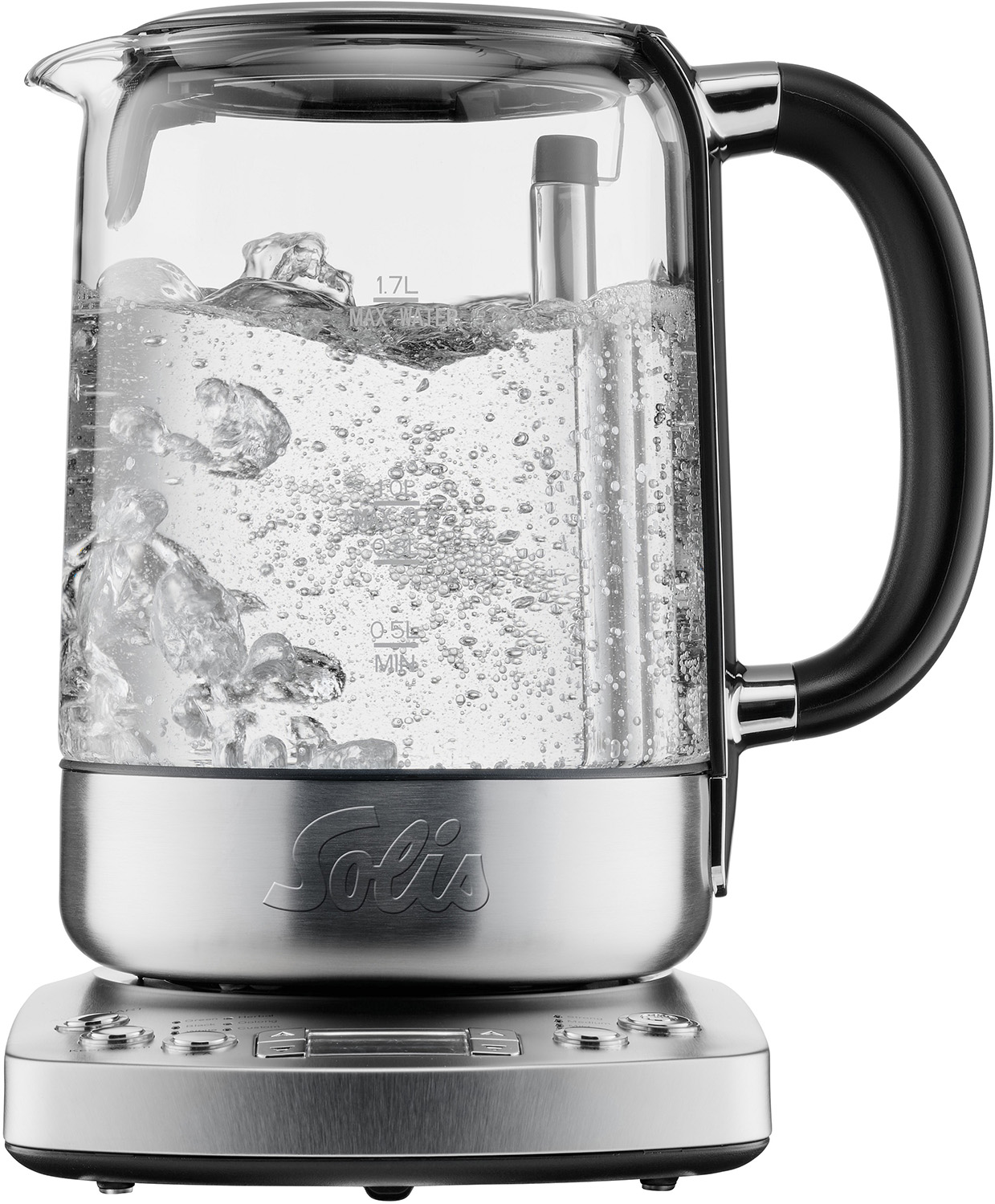 Glaskessel mit kochendem Wasser. Der Wasserkocher steht auf einem silbernen Sockel, mit schwarzem Griff.