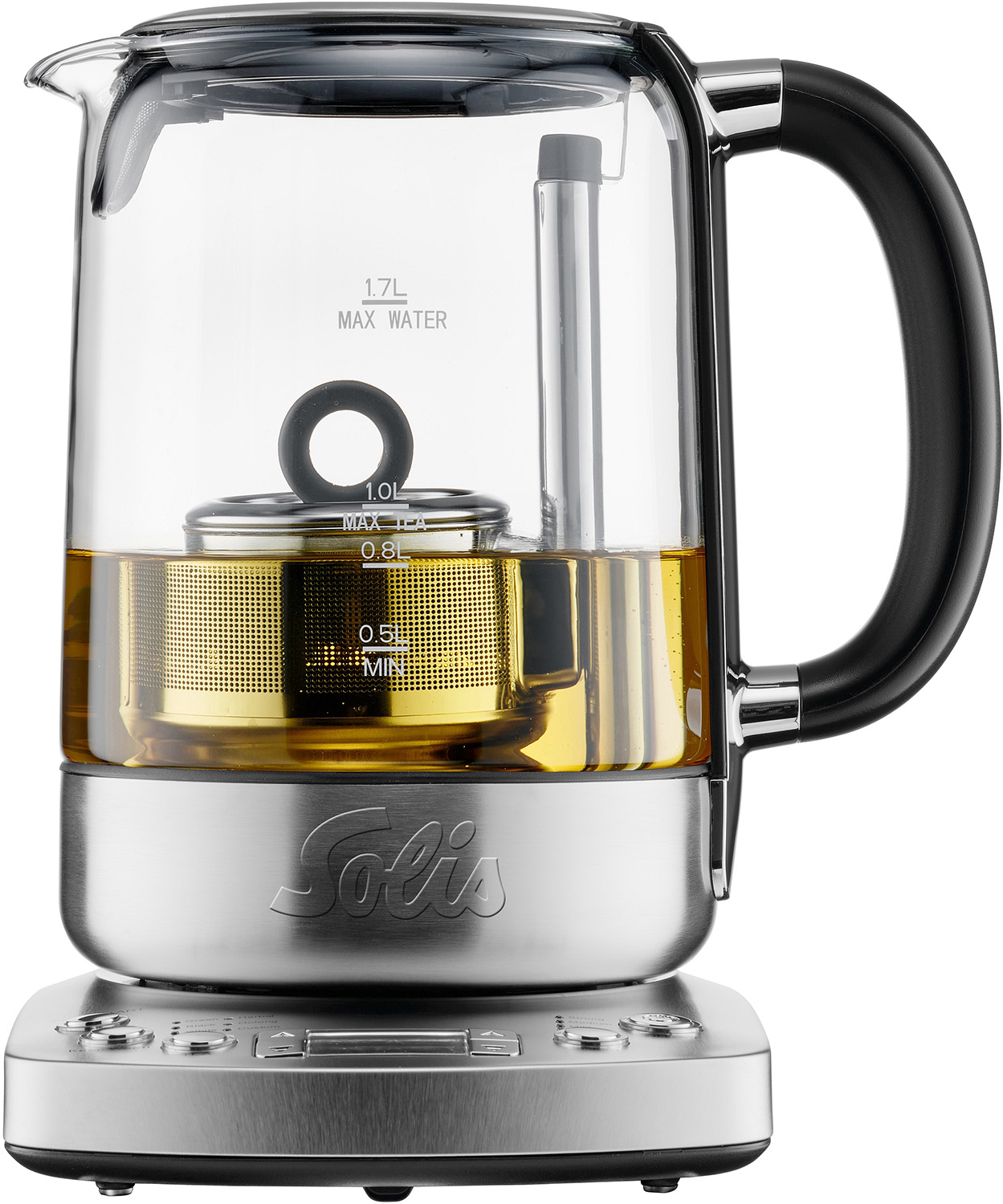 Glaskessel mit Tee-Sieb, Edelstahlbasis und schwarzem Griff.