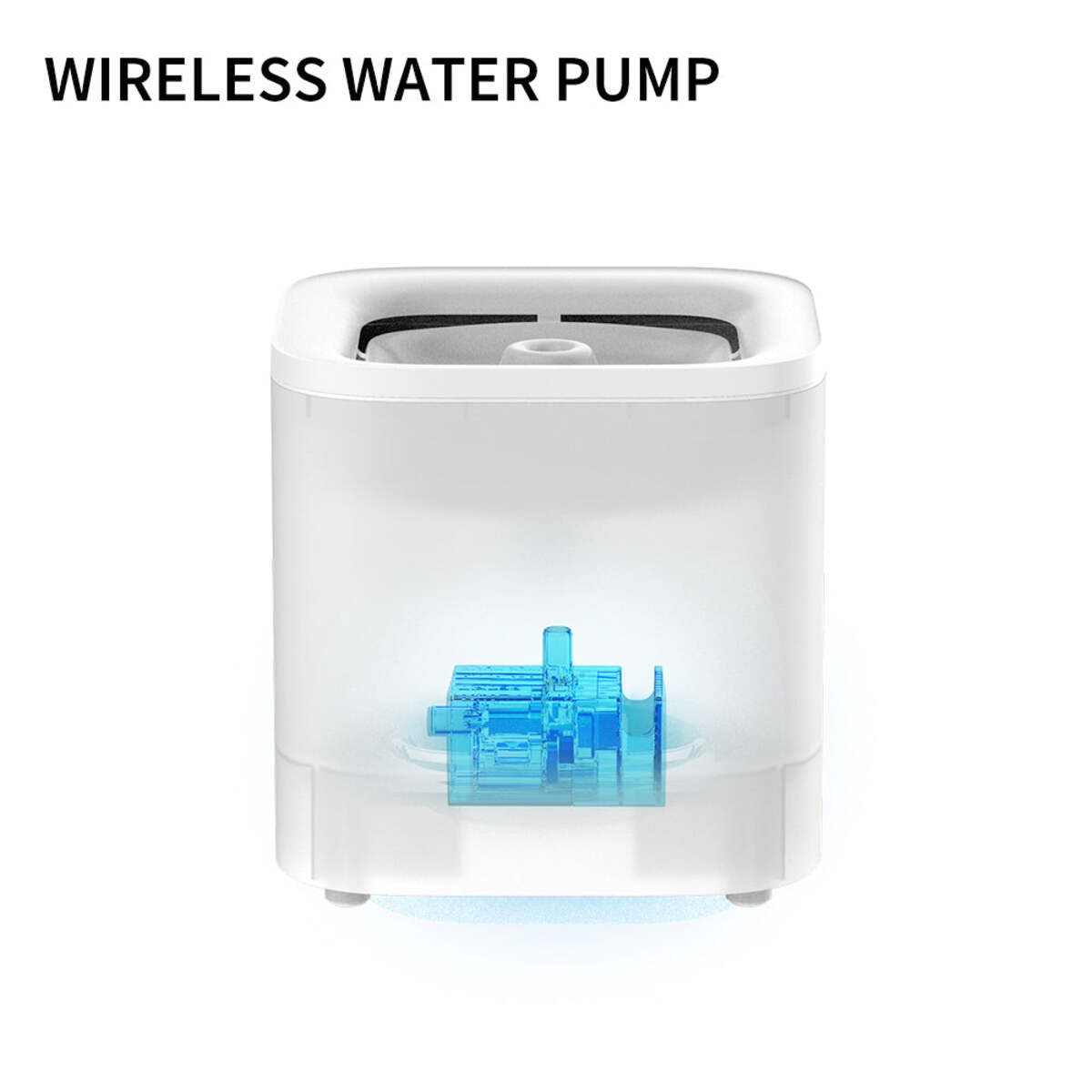 Weiße kabellose Wasserpumpe mit blauen Innenteilen, auf Weiß.