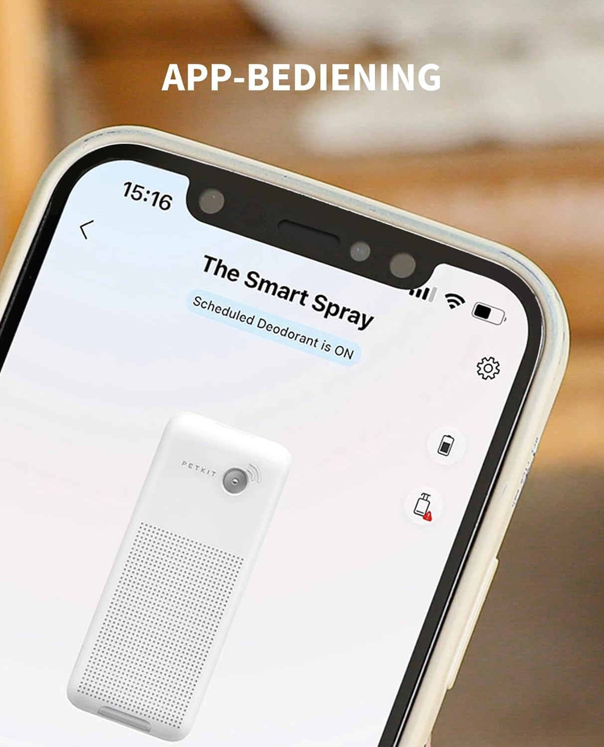 Ein Smartphone-Bildschirm zeigt eine Smart-Spray-Geräte-App. Die App zeigt das Gerät und seine Einstellungen.