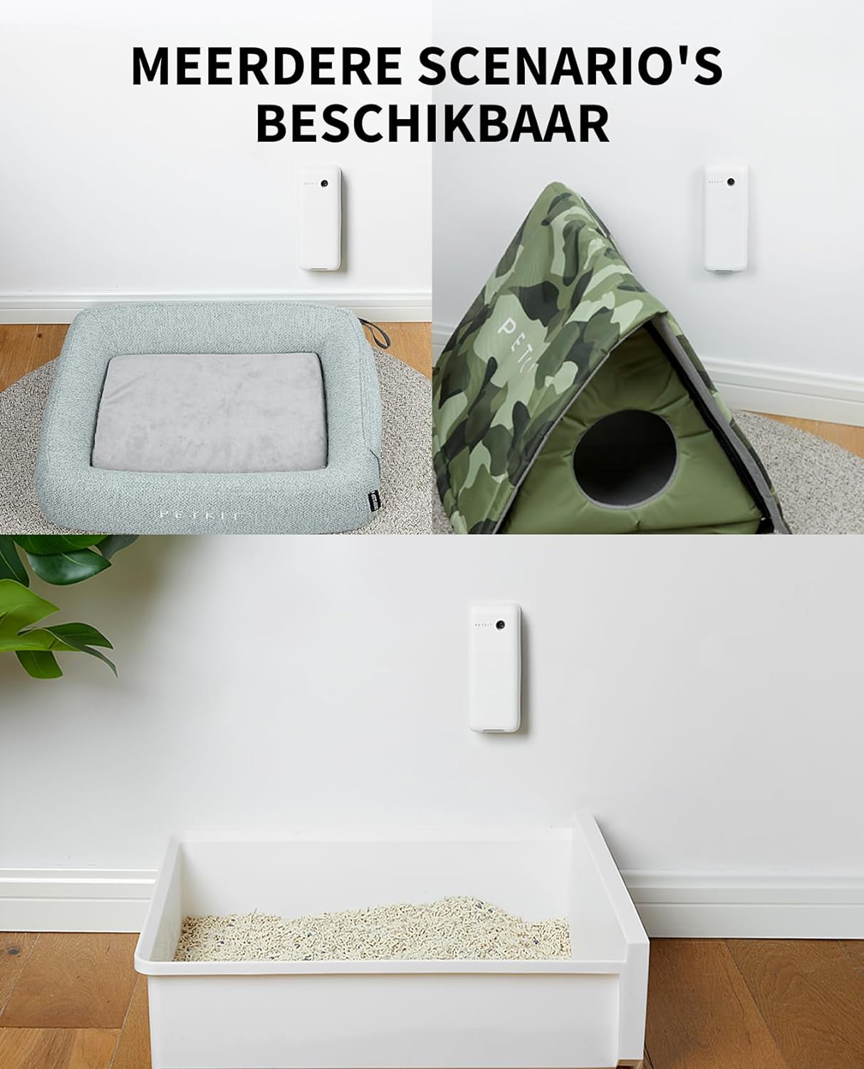 Mehrere Haustierbetten und eine Katzentoilette an einer Wand.