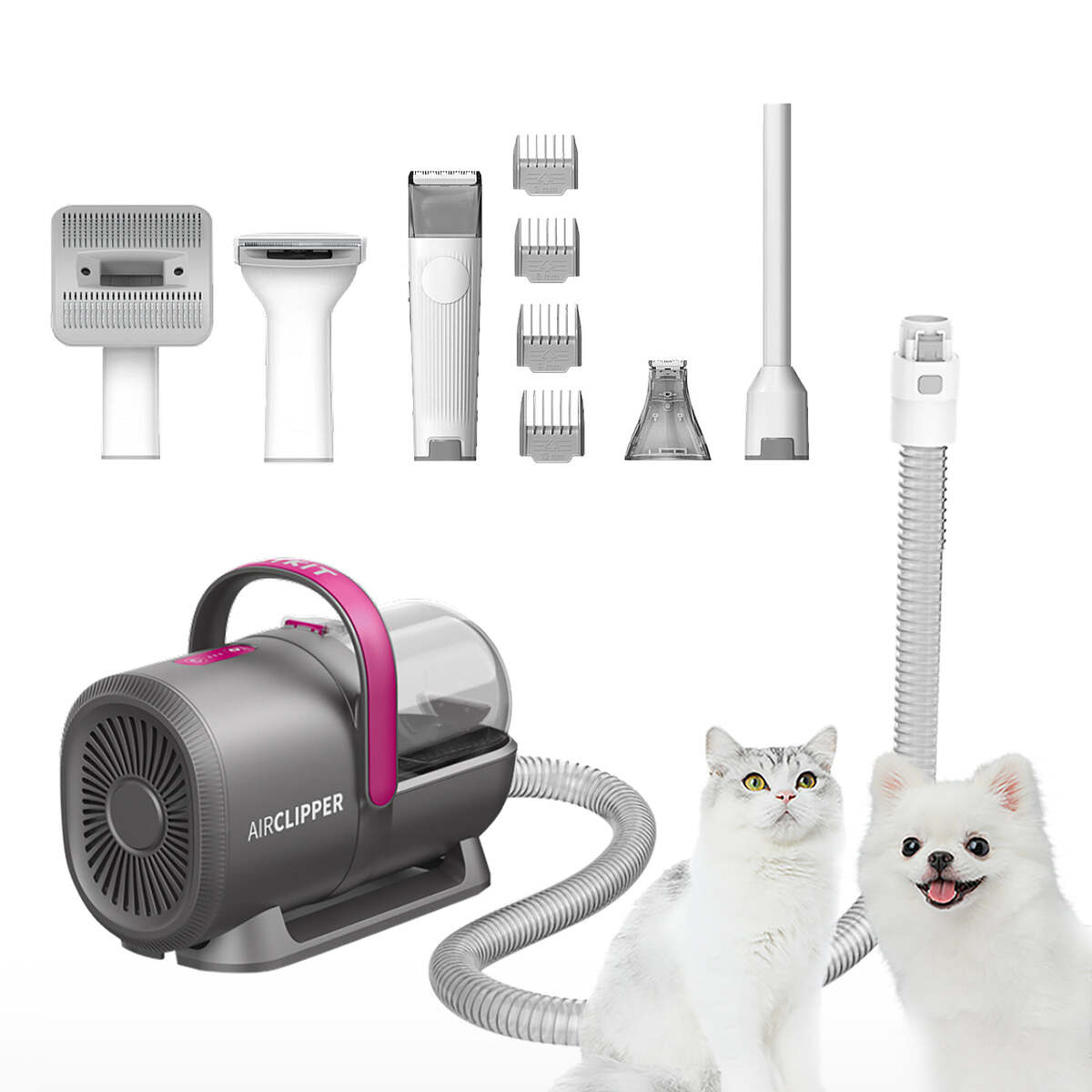 Tierpflege-Set mit Hund und Katze. Grauer Staubsauger, mehrere Aufsätze und eine weiße Katze und ein Hund.