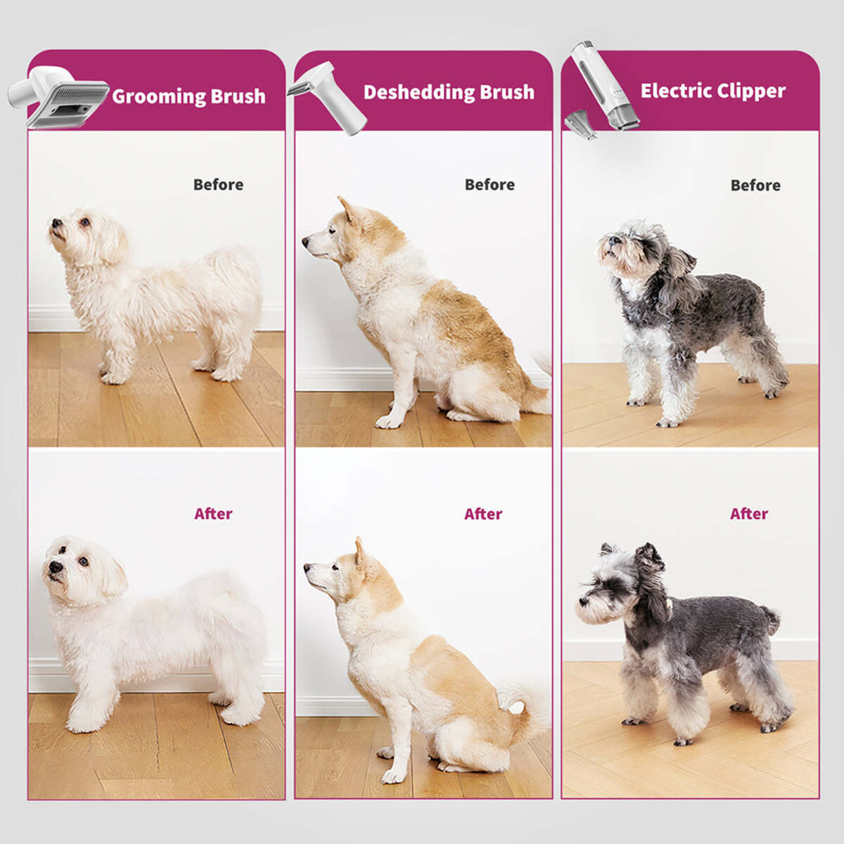 Ein Vorher-Nachher-Vergleich der Hundefrisur, der Bürsten zum Trimmen, Entfilzen und Schneiden zeigt.