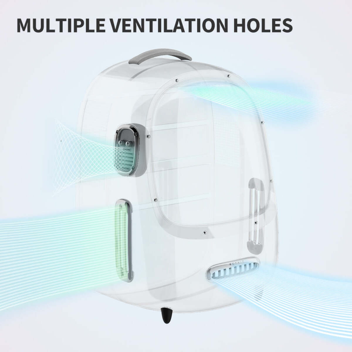 Przezroczysty transporter dla zwierząt domowych z wieloma otworami wentylacyjnymi, umożliwiającymi przepływ powietrza.