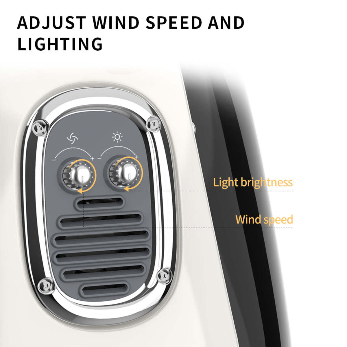 Zbliżenie panelu sterowania wentylatora. Pokrętła do prędkości wiatru i światła, na białym tle.