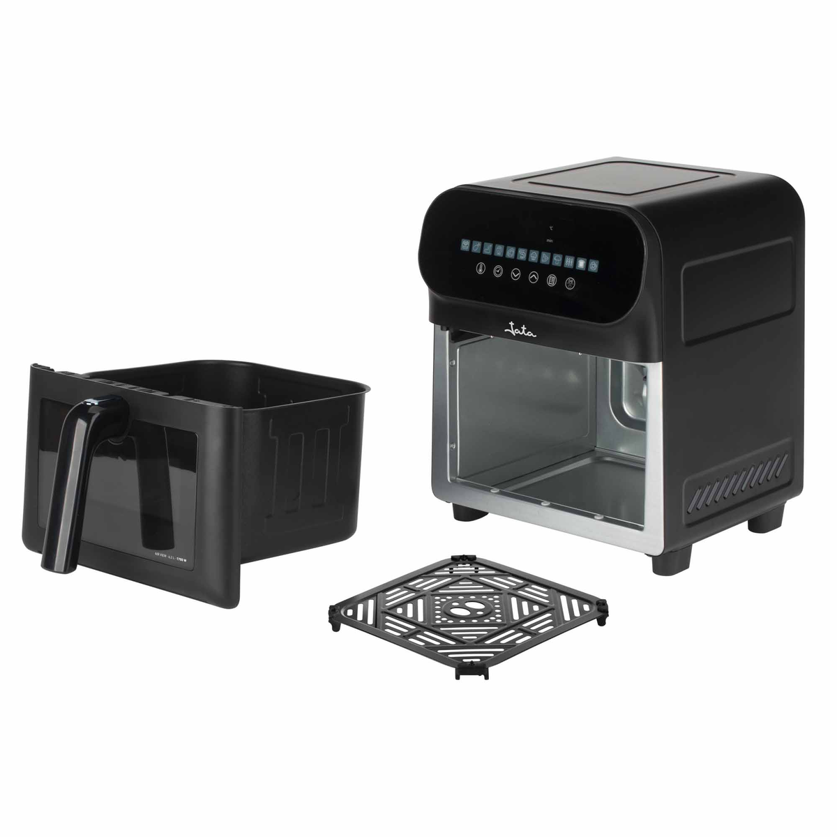 Czarna frytownica beztłuszczowa z wyjmowanym koszem, rusztem i panelem sterowania.