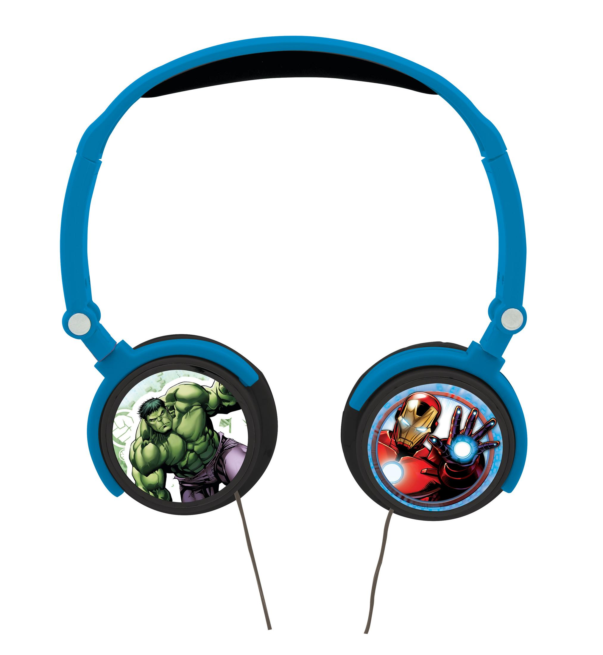 Niebieskie słuchawki z komiksowymi obrazkami Hulka i Iron Mana na nausznikach. Białe tło.